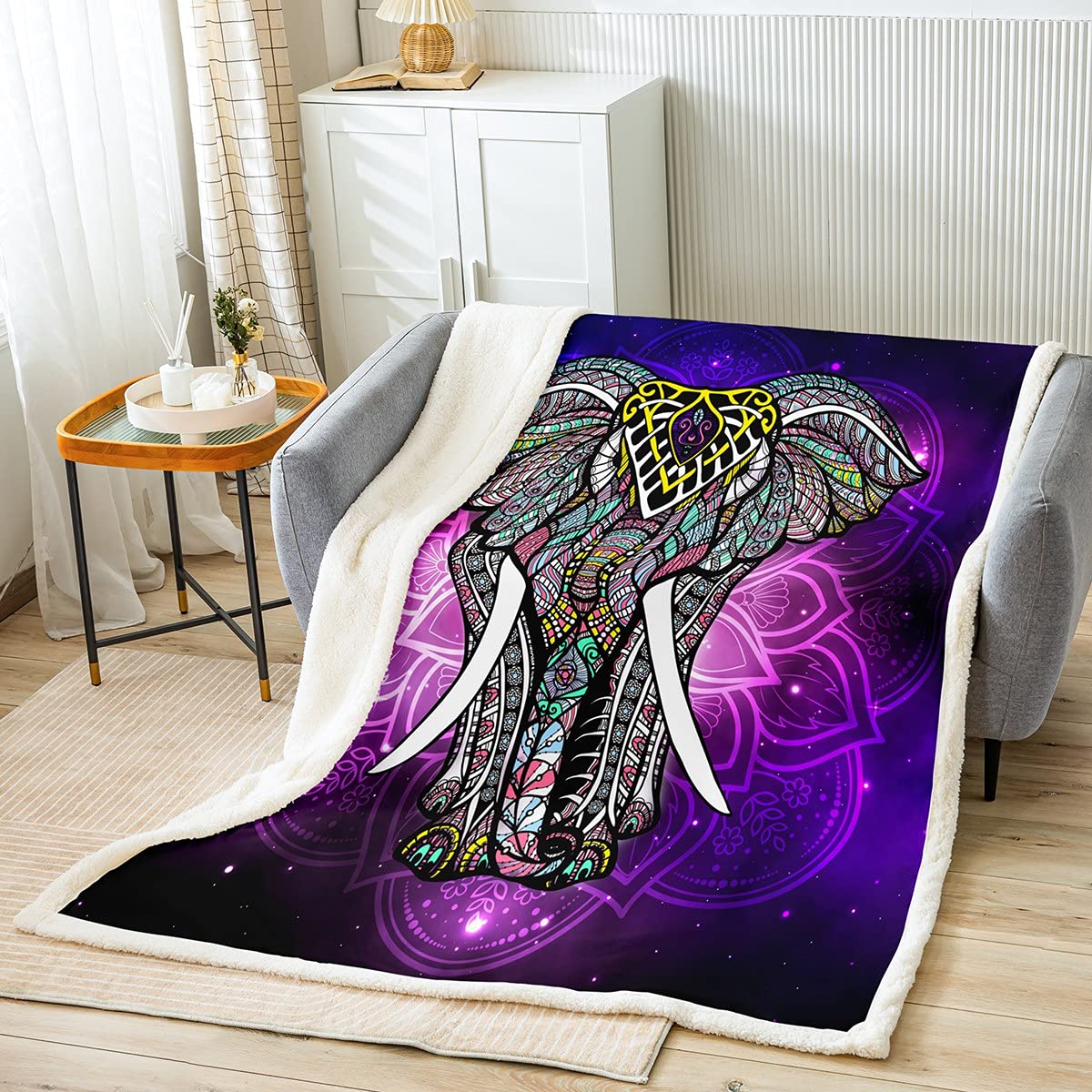 Boho Elephant Fleece Throw Blanket - Soft Warm Ethnic Bohemian Mandala Printed Bed & Couch Blanket for Adults Women Kids - Queen Size 90x90 Inches - Perfect for Living Room, Bedroom, Sofa & Gift Giving