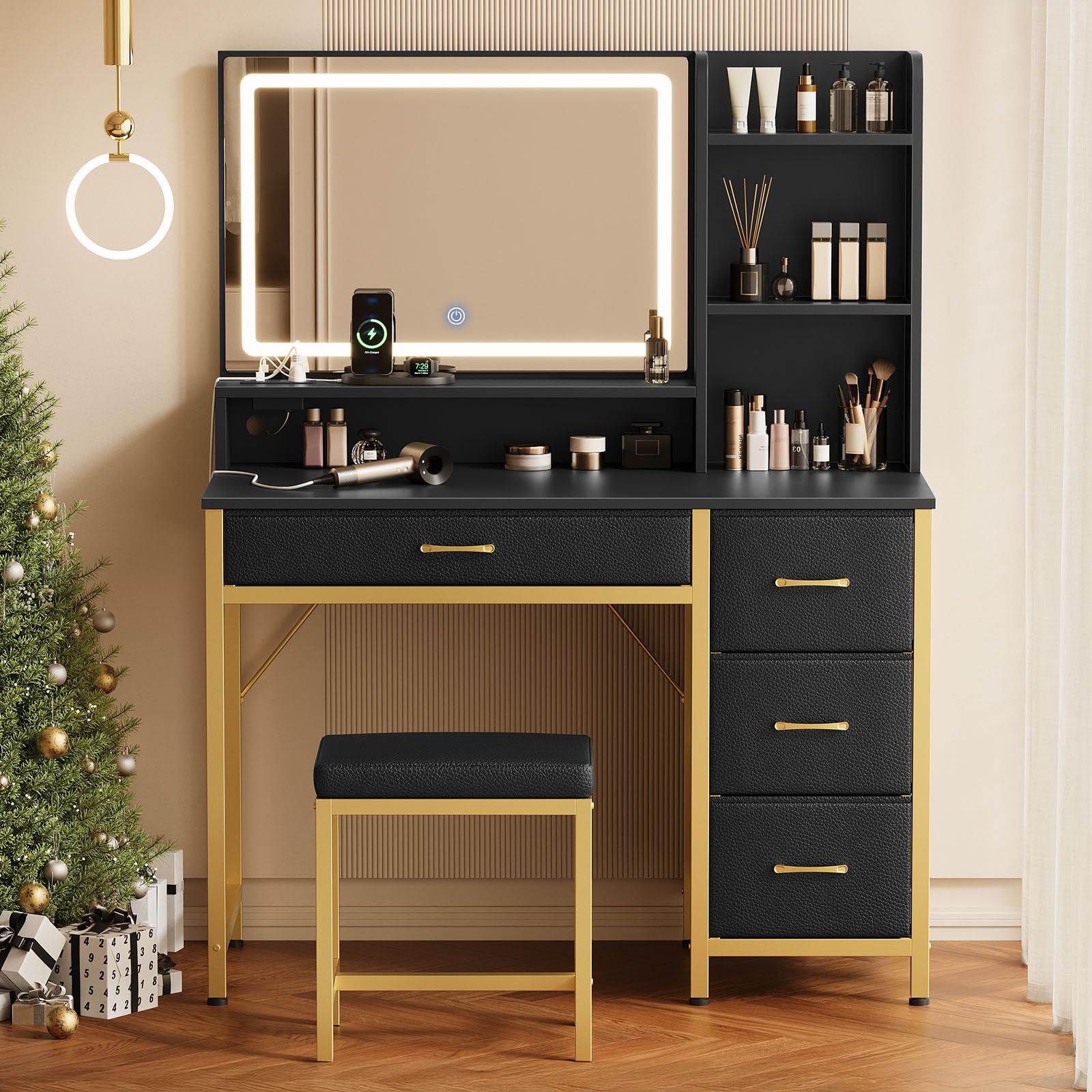 Rolanstar Vanity Desk with Mirror and Lights - Makeup Vanity Set with Upholstered Stool, 4 Drawers & Power Outlets, Black and Gold Dressing Table for Bedroom, Bathroom or Dressing Room