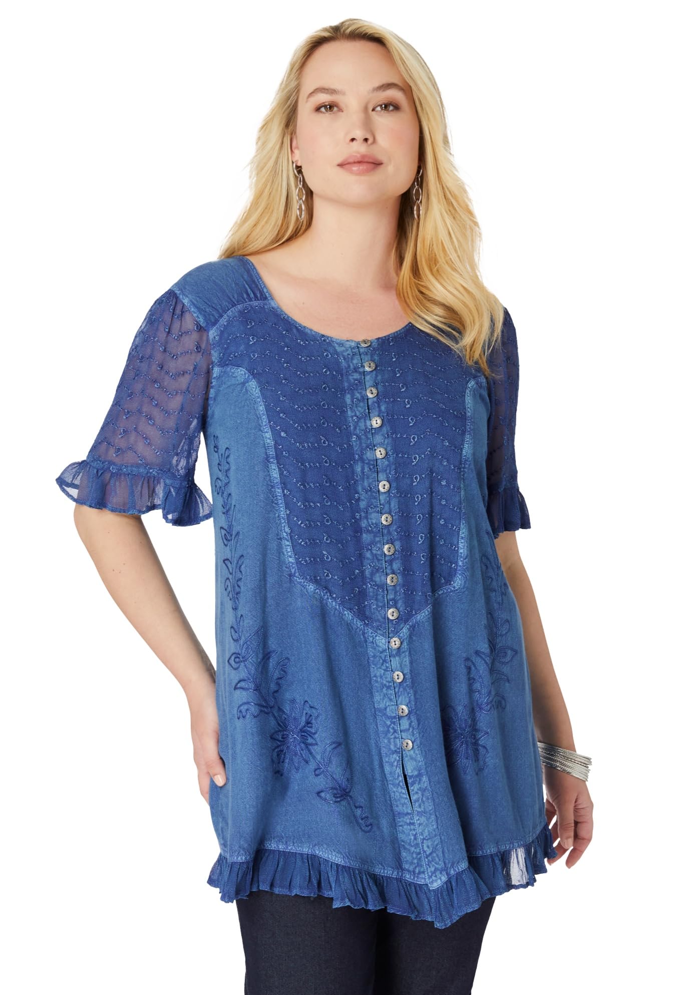 Roaman's Women's Plus Size Acid Wash Tunic Top - Stylish Casual Blouse for Work & Everyday Wear | Comfortable Flowy Tunic Shirt for Plus Size Women