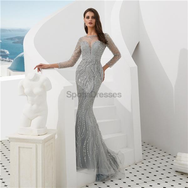 Elegant Long Sleeve Grey Beaded Mermaid Prom Dress for Evening Parties & Formal Events - Perfect for Homecoming, Pageants & Special Occasions