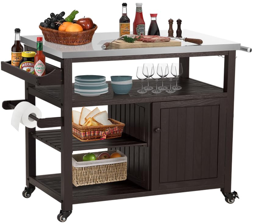 Premium AHB Outdoor Grill Table - Solid Wood Storage Cabinet with Stainless Steel Top | Rolling Kitchen Island & Movable Bar Cart for Patio, Backyard, Garden | Perfect for BBQs, Outdoor Cooking & Entertaining (Brown)