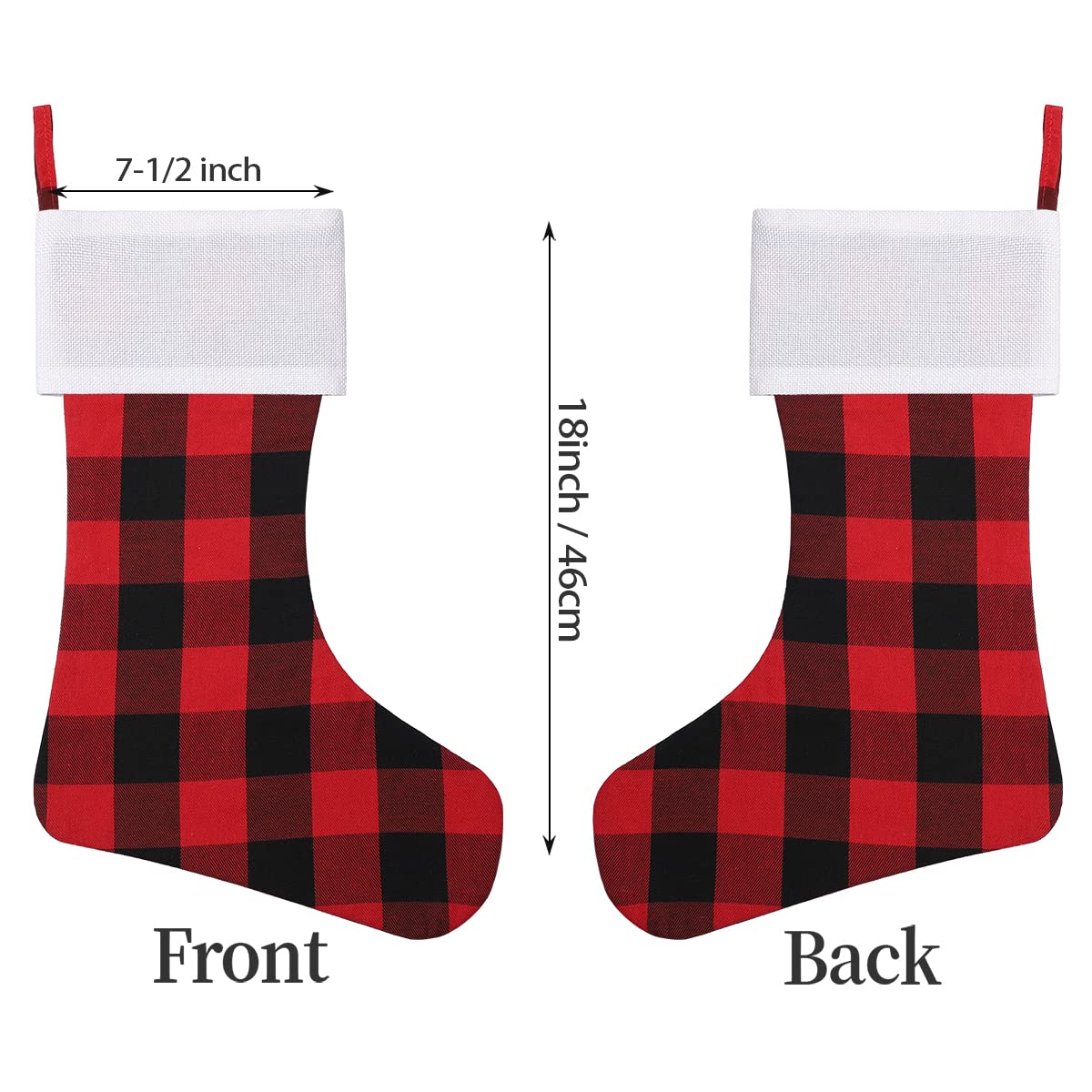 8 Pack Christmas Stockings 18 Inch - Buffalo Plaid Personalized Stockings for Family Holiday Decor, Xmas Party, Fireplace Mantel (White Cuff/Red Black Plaid) - Festive Home Decor & Gift Hanging Solution