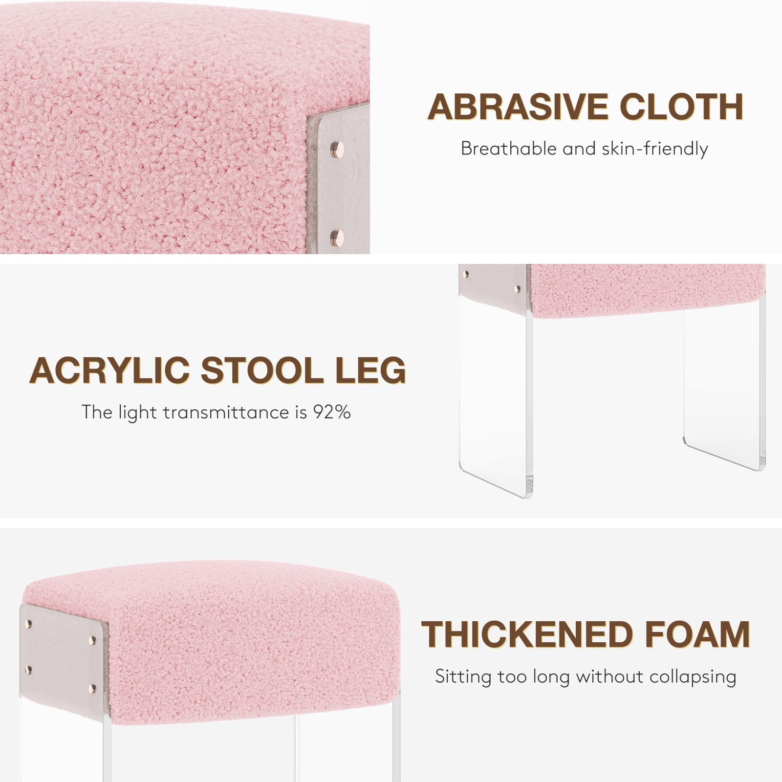 Modern Vanity Stool Chair & Foot Rest Ottoman with Wool Upholstery & Acrylic Legs - Pink Makeup Stool for Bedroom, Living Room, Dressing Room | Perfect for Makeup Vanity, Lounging & Home Decor