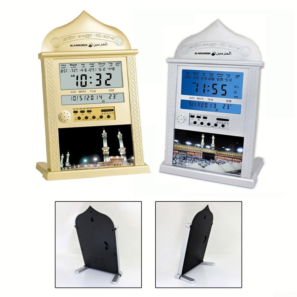 Azan Calendar Muslim Prayer Clock - Adjustable Prayer Times & Temperature Display, Silver | Perfect for Home, Mosque, and Islamic Centers