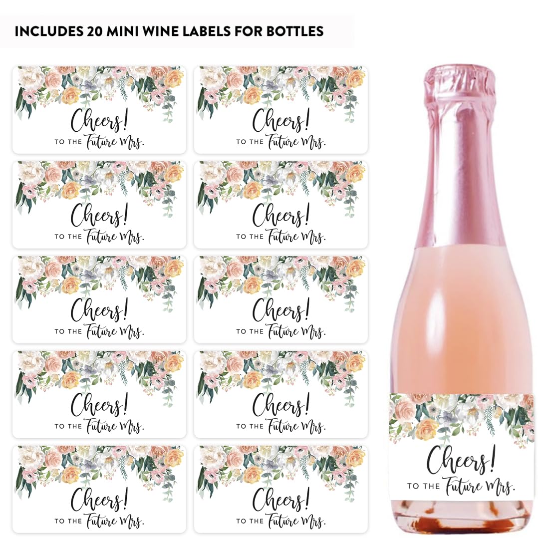 Mini Champagne Wine Bottle Labels - Cheers to The Future Mrs - Peach Coral Floral Roses Design - 20-Pack Bridal Shower & Bachelorette Party Stickers - Perfect for Wedding Celebrations, Girls' Night Out & Special Occasions