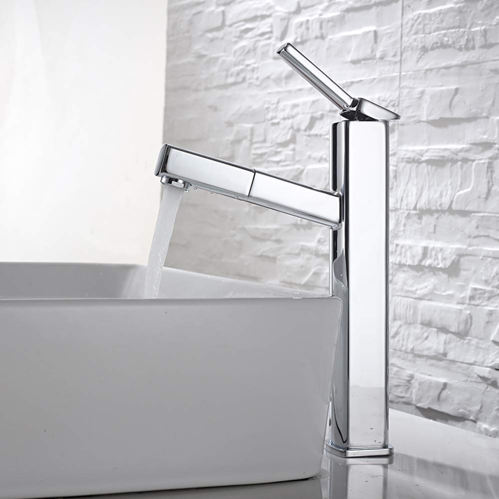 KAIYING Pull Down Vessel Sink Faucet - Single Hole Bathroom Basin Faucet with Pull Out Sprayer & Rotating Spout - Tall Chrome Lavatory Mixer Tap for Modern Vanity & Utility Sink - Perfect for Home, Hotel, and Commercial Bathroom Renovations