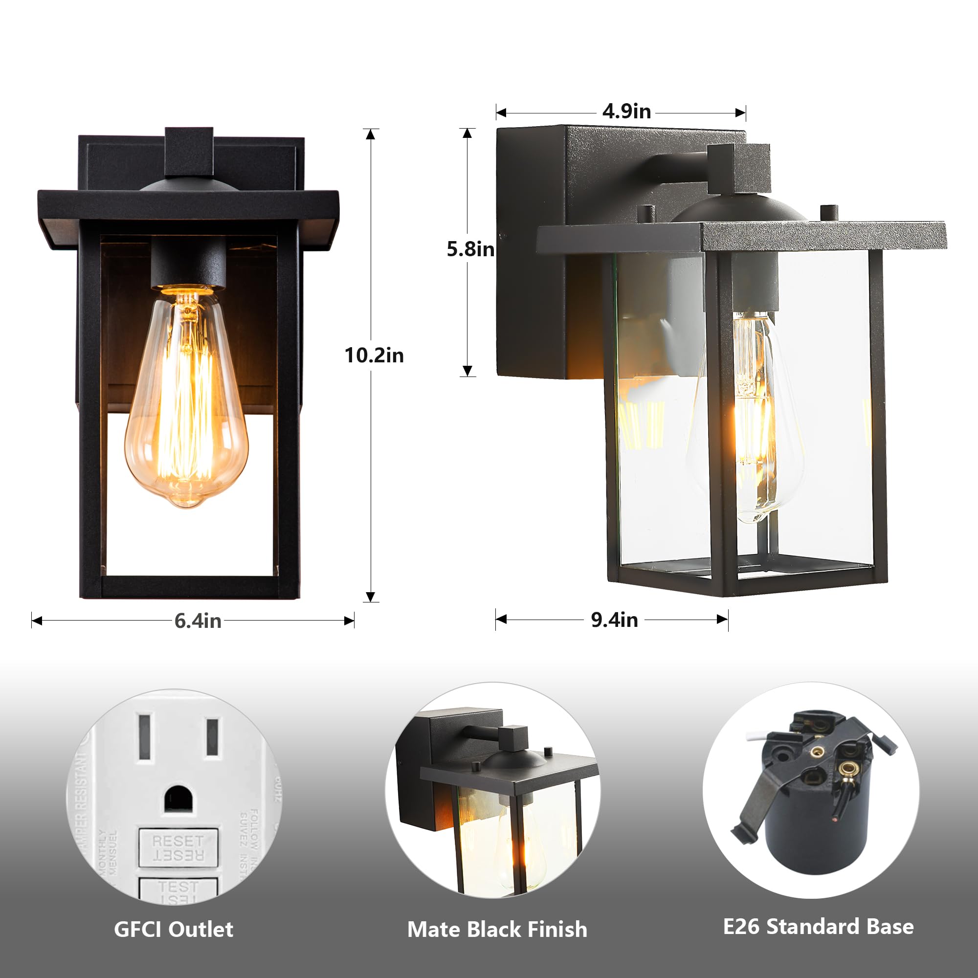 OUPAVOCS Outdoor Wall Lights with GFCI Outlet - Black Waterproof Exterior Light Fixture for Front Porch, Garage & Entryway - Durable Wall Mount Sconce Lantern for House & Doorway - Perfect for Patio, Garden & Backyard Lighting