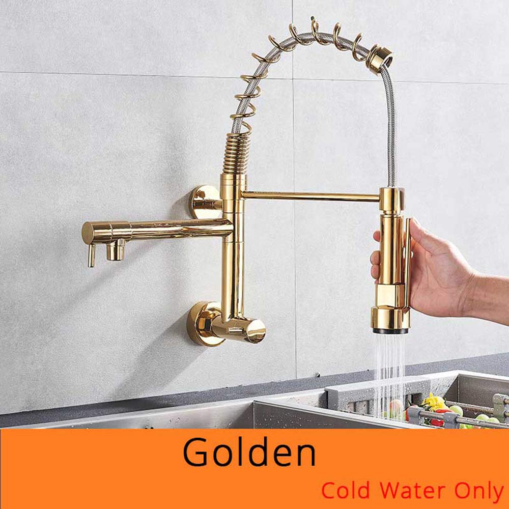 Brass Wall Mounted Single Handle Pull Down Kitchen Sink Faucet - 2 Function Cold Water Mixer Tap in Gold for Modern and Compact Kitchens