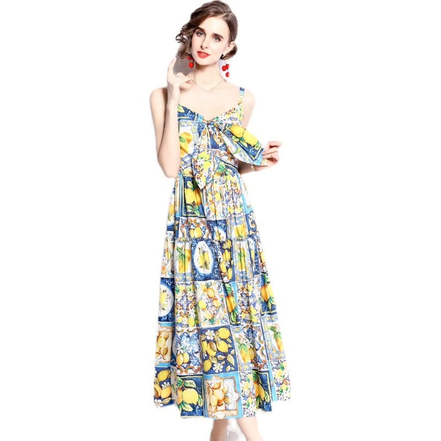 Elegant European & American Floral Print Halter Dress - Blue & White Porcelain Design, Slim Waist, Summer Beach Party, Wedding Guest, Cocktail Dress for Women