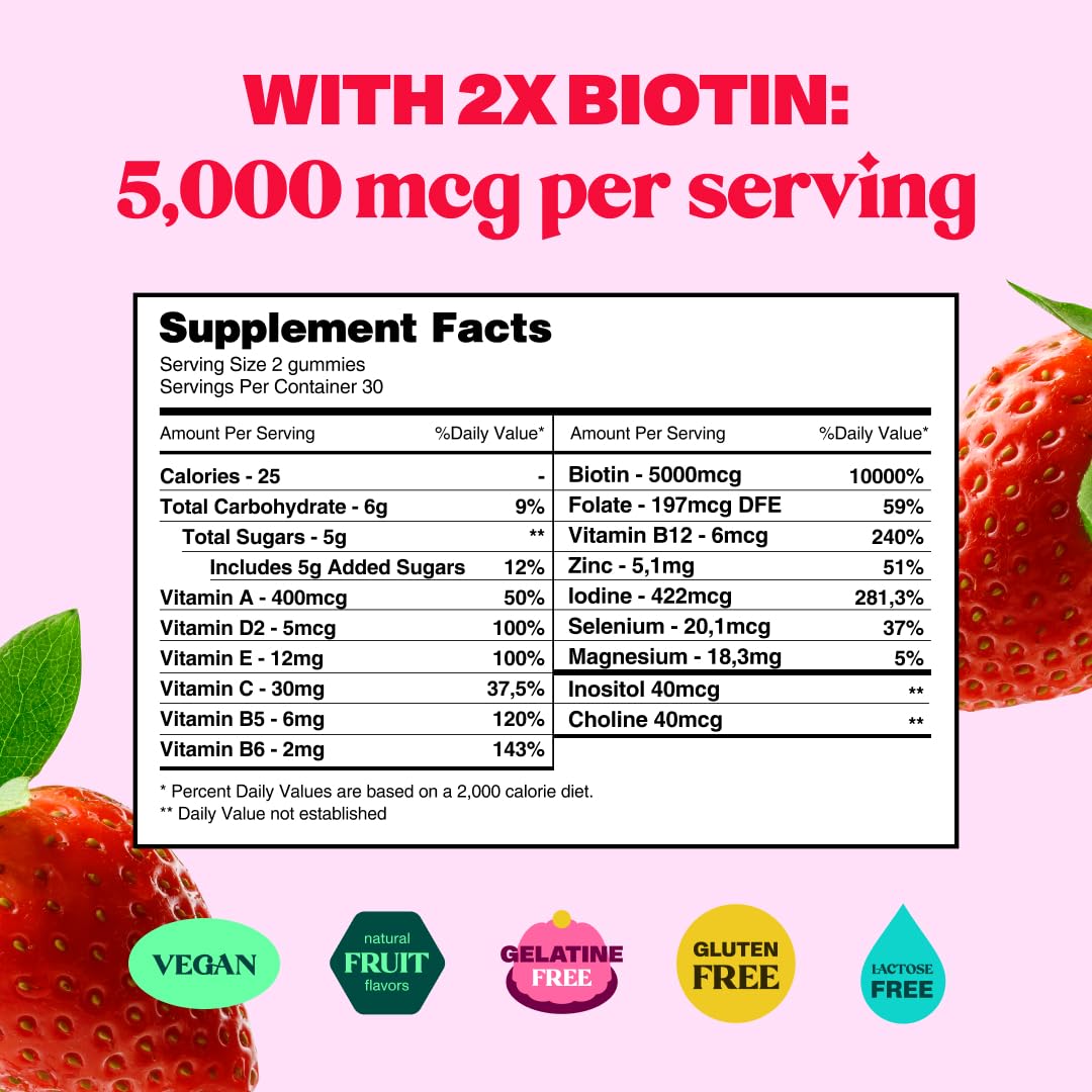 60 Count Hair Growth Gummies with 5000mcg Biotin - Vegan, Non-GMO Vitamins for Women to Promote Faster Hair Growth & Healthy Skin & Nails - Perfect for Daily Beauty Routine & Thinning Hair Care