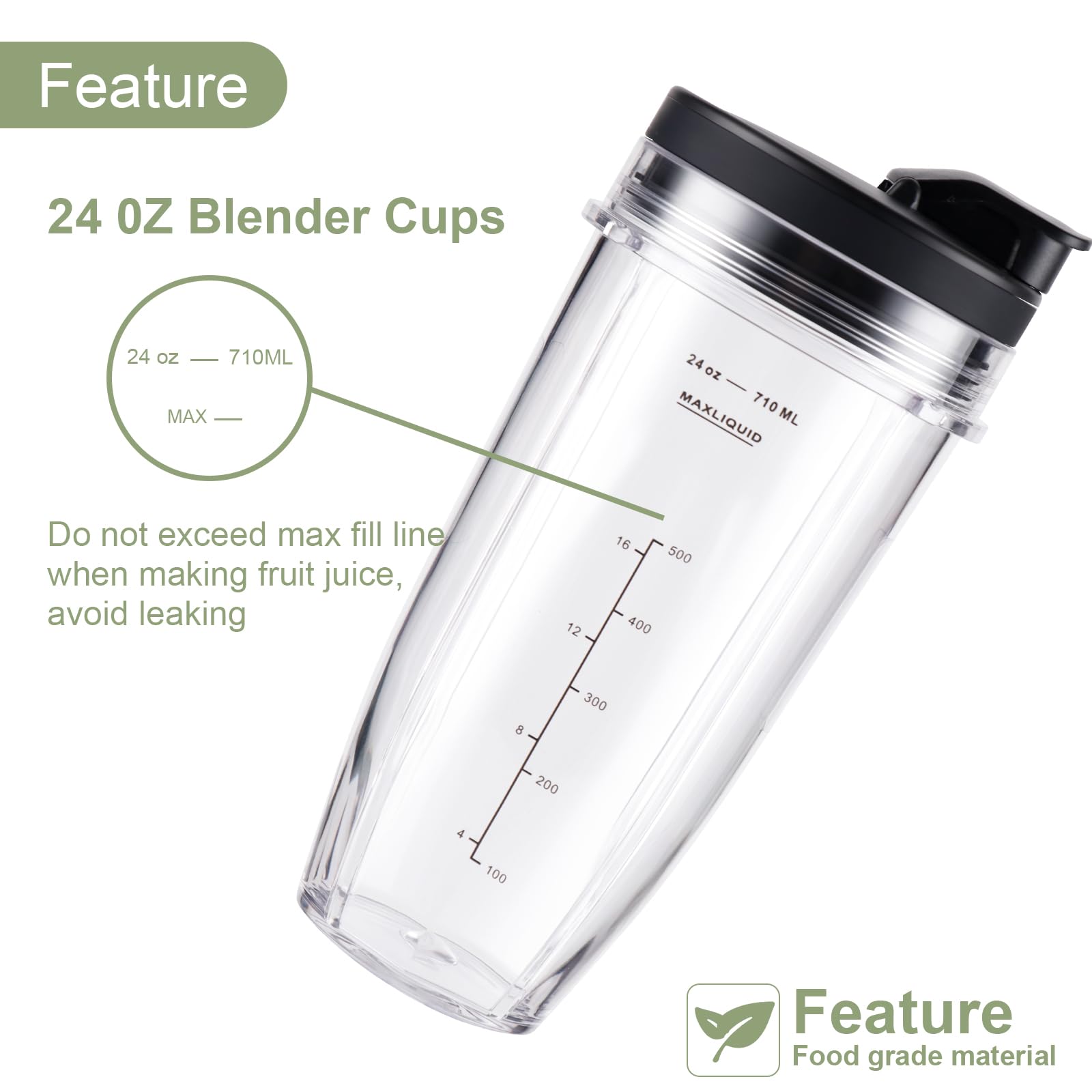 5-Piece Ninja Blender Replacement Set - 24oz Cups with Leakproof Lids & 7-Fin Extractor Blade - Compatible with Nutri Ninja Auto iQ BL2012 BN801 BL480 BL682 BL642 - Perfect for Smoothies, Protein Shakes & Meal Prep On-The-Go