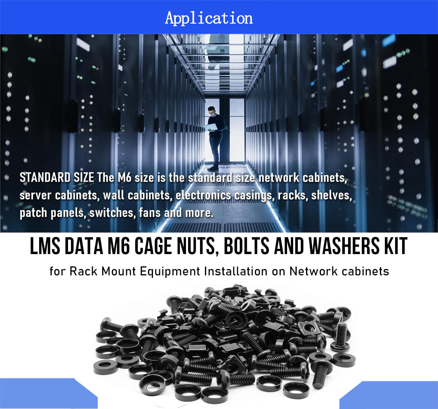 M6 x 16mm Black Server Rack Screws - 50pcs Set with Cage Nuts & Nylon Gaskets for Computer Rack Mount, Server Shelves & Cabinets | Durable Hardware for Data Center, Network Equipment & Home Server Setup