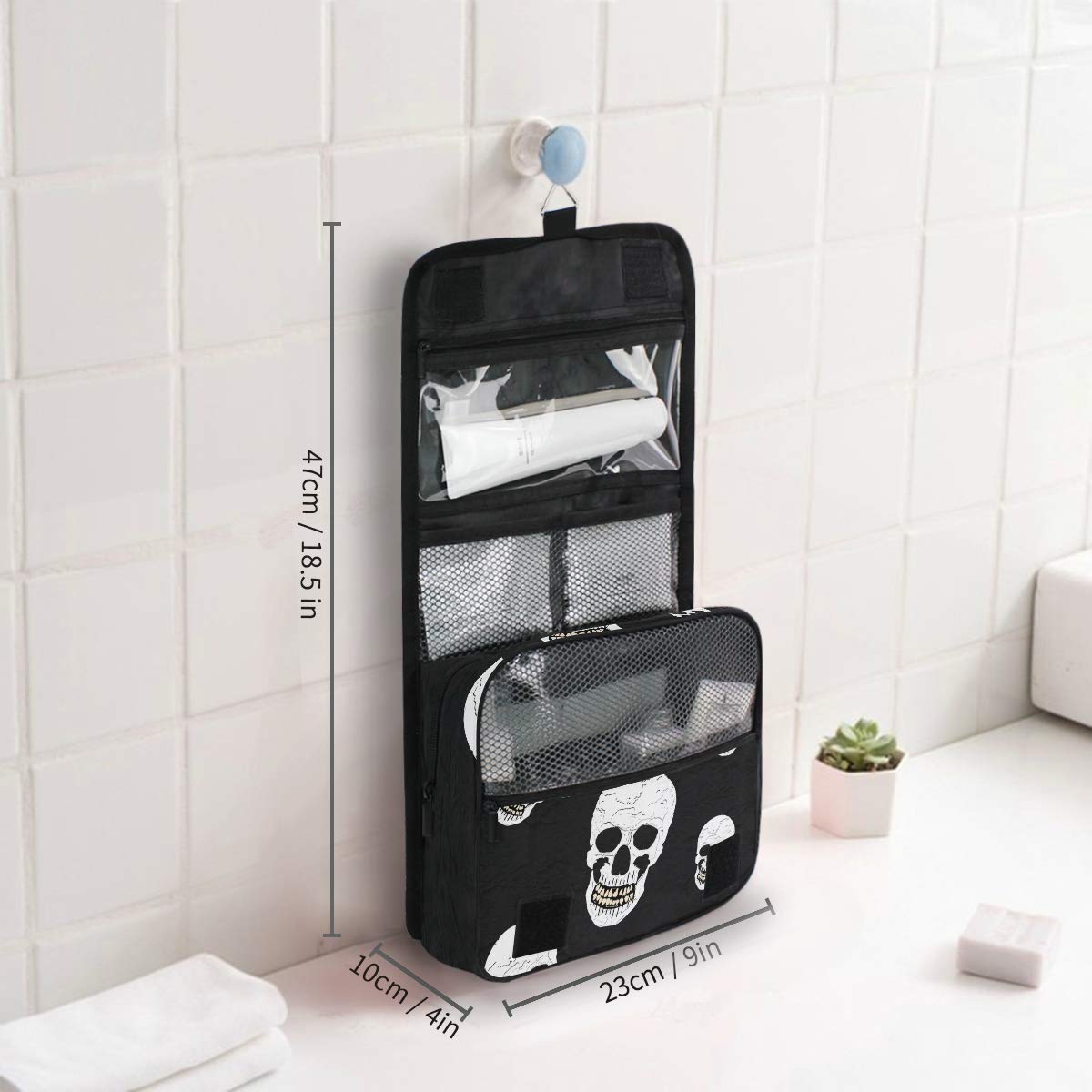 MOYYO Halloween Human Skull Travel Hanging Toiletry Bag - Large Capacity Cosmetic Organizer for Makeup, Toiletries & Accessories - Perfect for Women, Men & Girls Traveling, Camping & Gym Use
