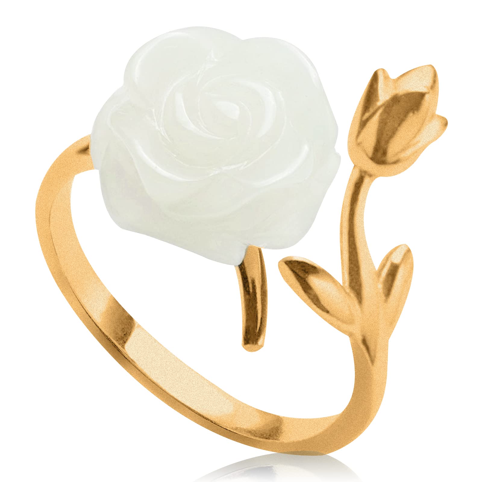925 Sterling Silver Adjustable Open Wrap Rose Ring for Women - Gold Plated Rose Flower with Jade Gemstone, Vintage Handmade Jewelry Gift for Mom, Birthday, Anniversary & Special Occasions