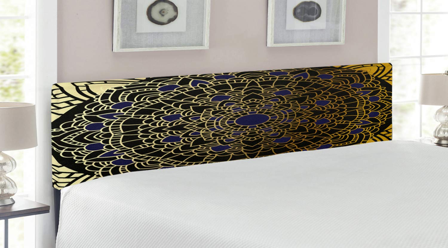 Ambesonne King Size Mandala Headboard - Vintage Lotus Inspired Upholstered Metal Bed Frame with Memory Foam, Navy Blue & Yellow Ethnic Design for Master Bedroom Decor