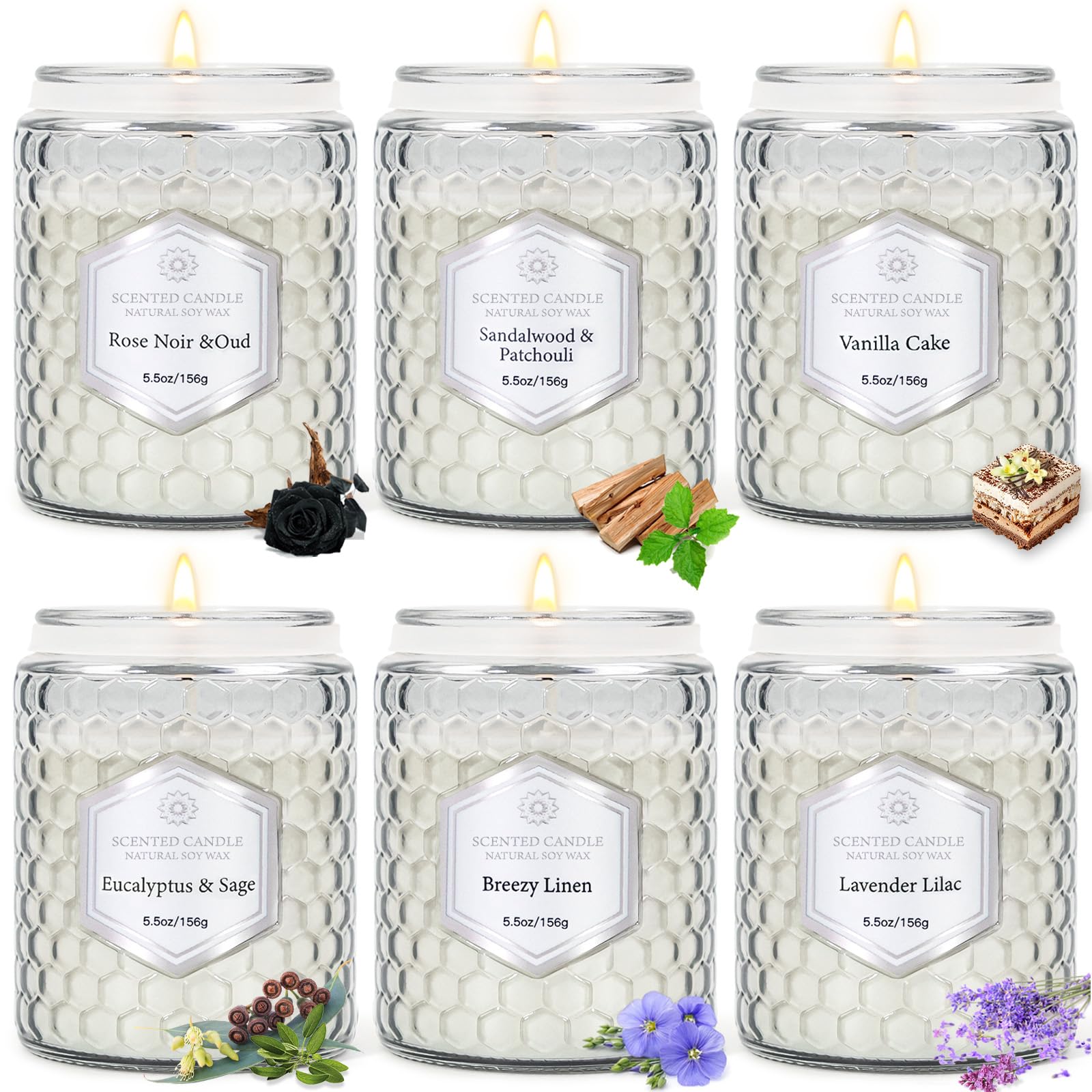 6 Pack Scented Soy Wax Candles for Home Aromatherapy - 33oz Long-Lasting 240 Hours, Natural Flax Gray Jar Candles - Perfect Gifts for Women, Birthday, Valentine's Day - Ideal for Relaxation, Spa Nights & Romantic Ambiance