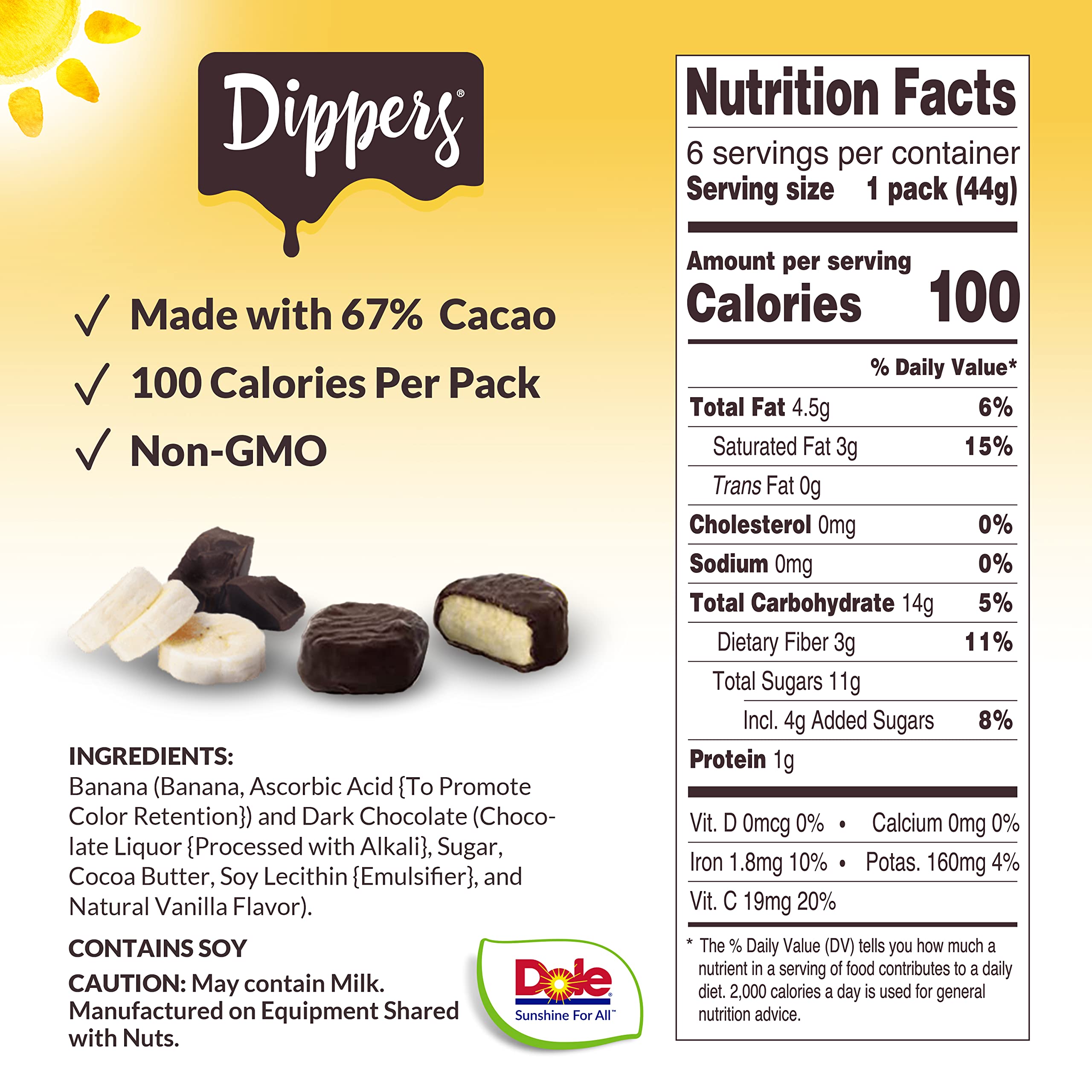 Dole Frozen Dark Chocolate Dippers - Dark Chocolate Covered Banana Slices, 1.55 Oz (6 Pack) | Healthy Frozen Snacks for Kids, Dessert Lovers & Party Treats | Perfect for School Lunches, Movie Nights & After-School Snacks