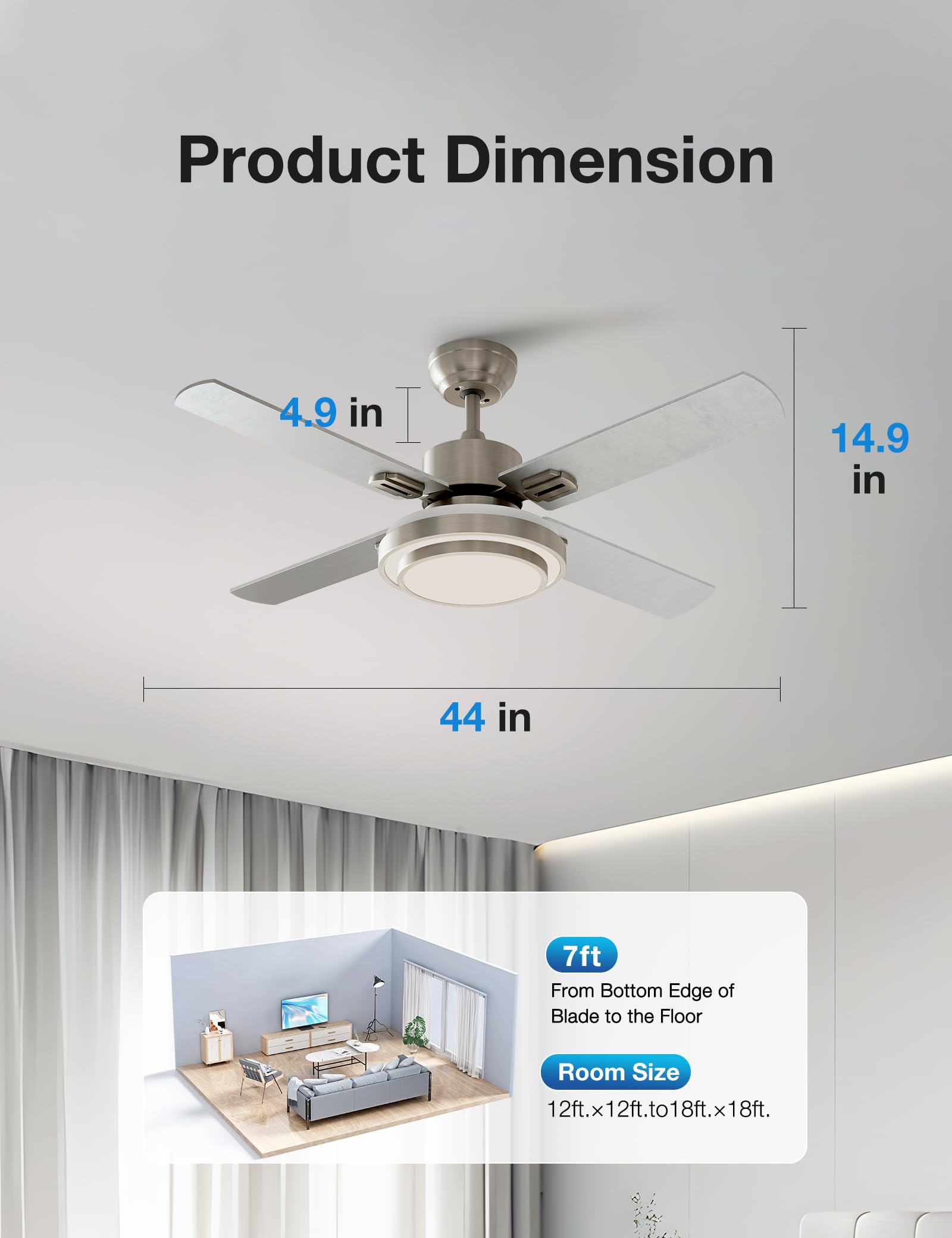 Warmiplanet 44 Inch Brushed Nickel Ceiling Fan with Lights and Remote Control - 4 Blades for Living Room, Bedroom, and Office