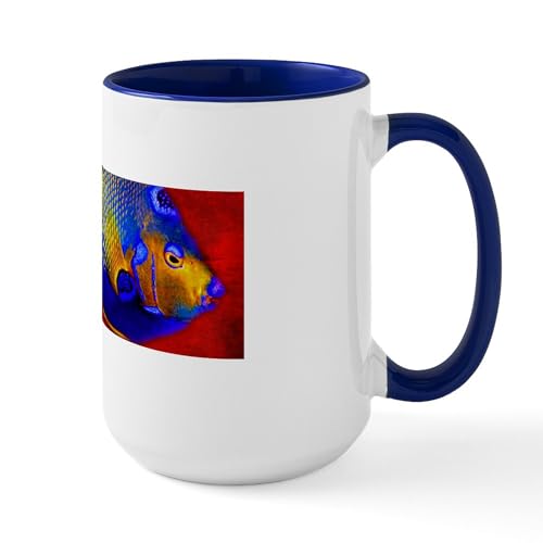 White/Navy Inside - Fish Flowers Red Yellow Blue Mugs