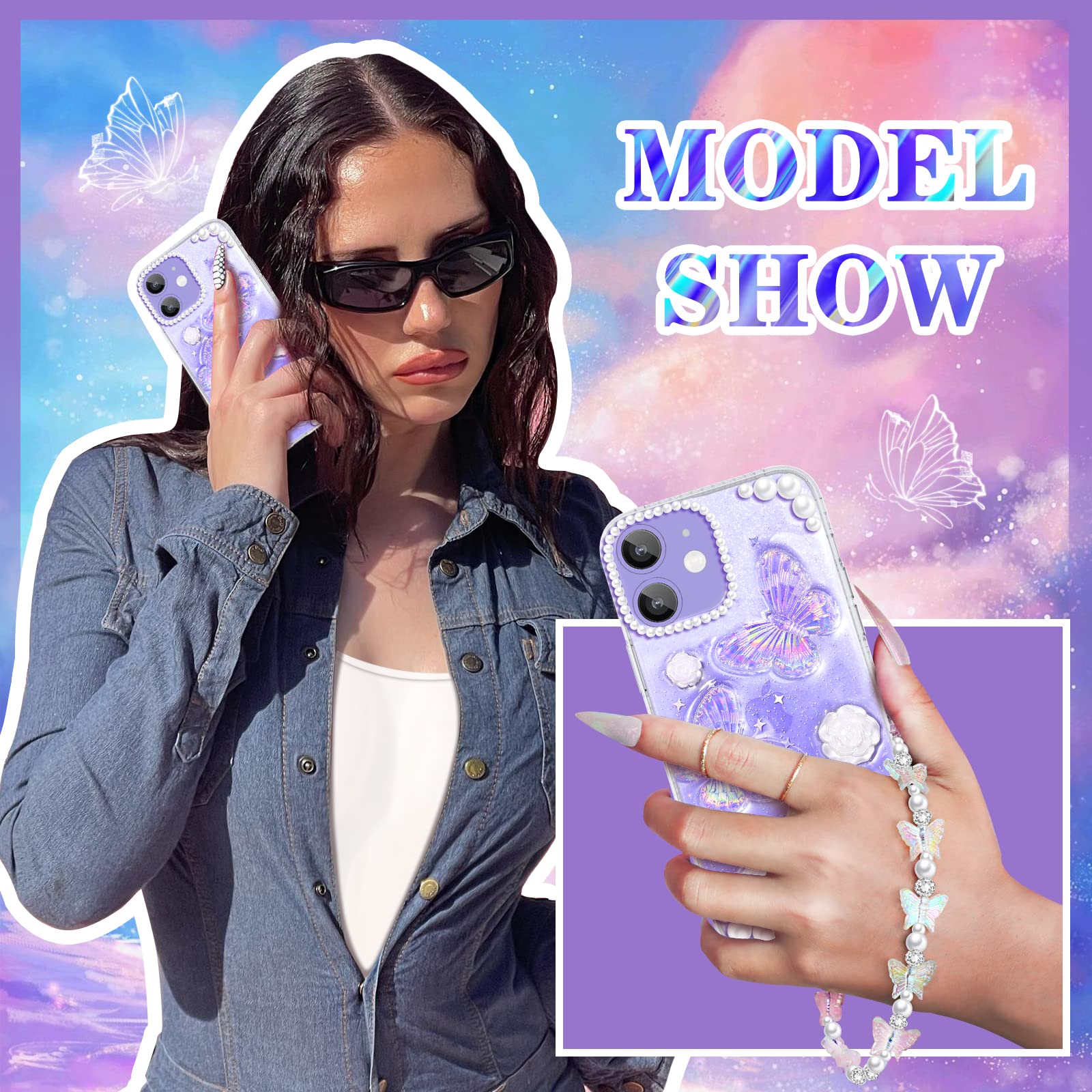 Goocrux 4-in-1 iPhone 12 Mini Case for Women - Glitter Sequin Sparkle Clear Crystal Cover with Chain, Camera Protector & Screen Protector | Cute Girly Design for Everyday Use & Special Occasions