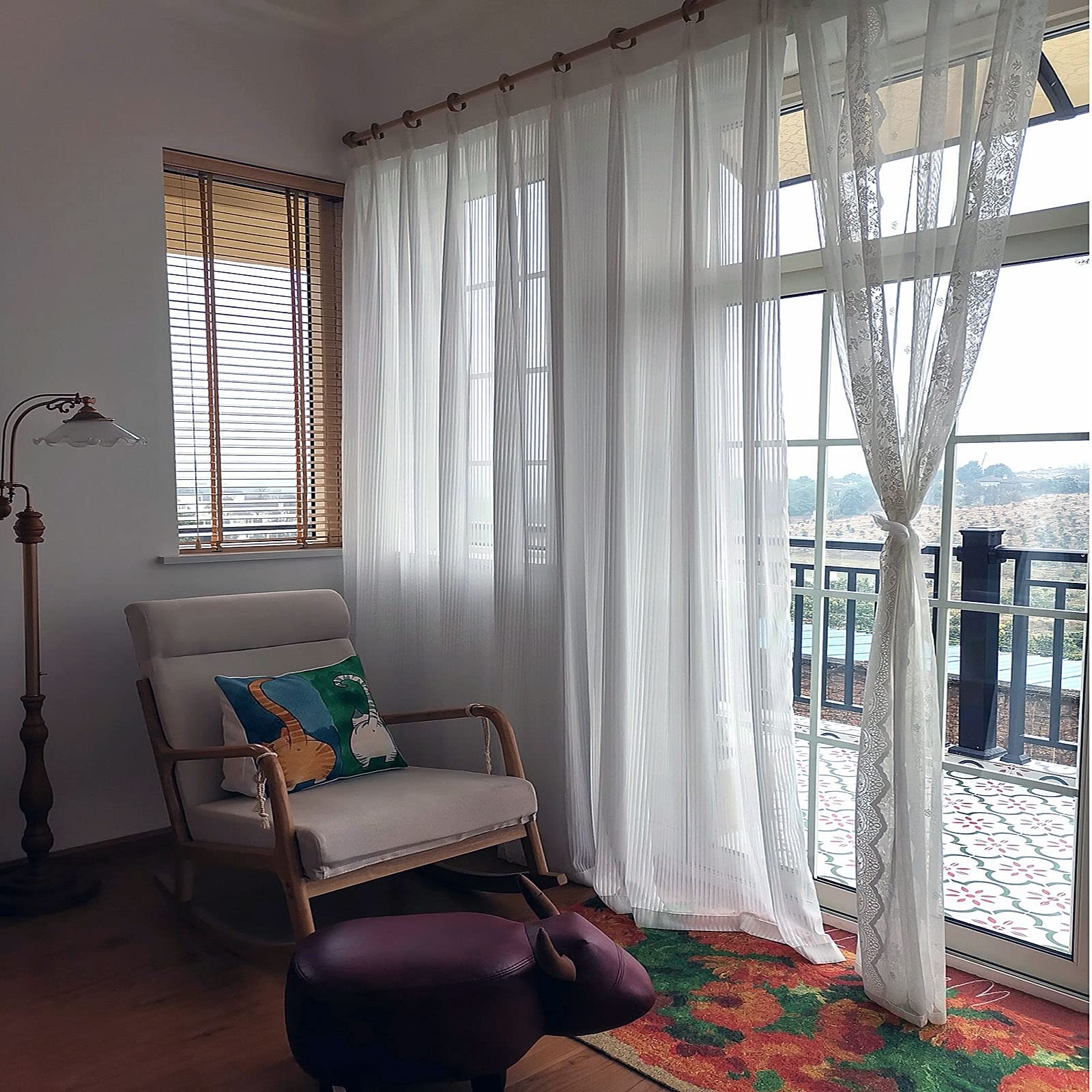 French Romantic Window Curtains - 2 Pcs Vintage Sheer Lace Drapes, Lightweight Voile Net Curtains for Girls Bedroom, Living Room & Balcony with Hooks & Rings | Elegant Home Decor for Boho, Cottage & Vintage Style Rooms