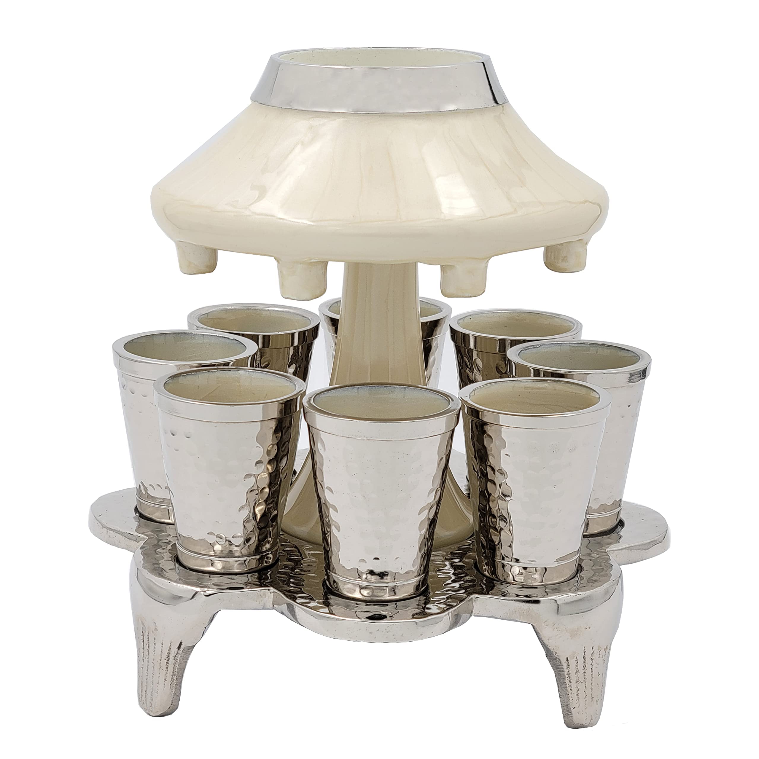 Modern Hand-Painted Enamel Dreidel Wine Fountain Kiddush Cup Set - Removable Fountain for 8 Cups, Family Serving Plate for Shabbat & Jewish Holidays (Beige/Silver) - Perfect for Family Gatherings, Holiday Celebrations & Religious Ceremonies