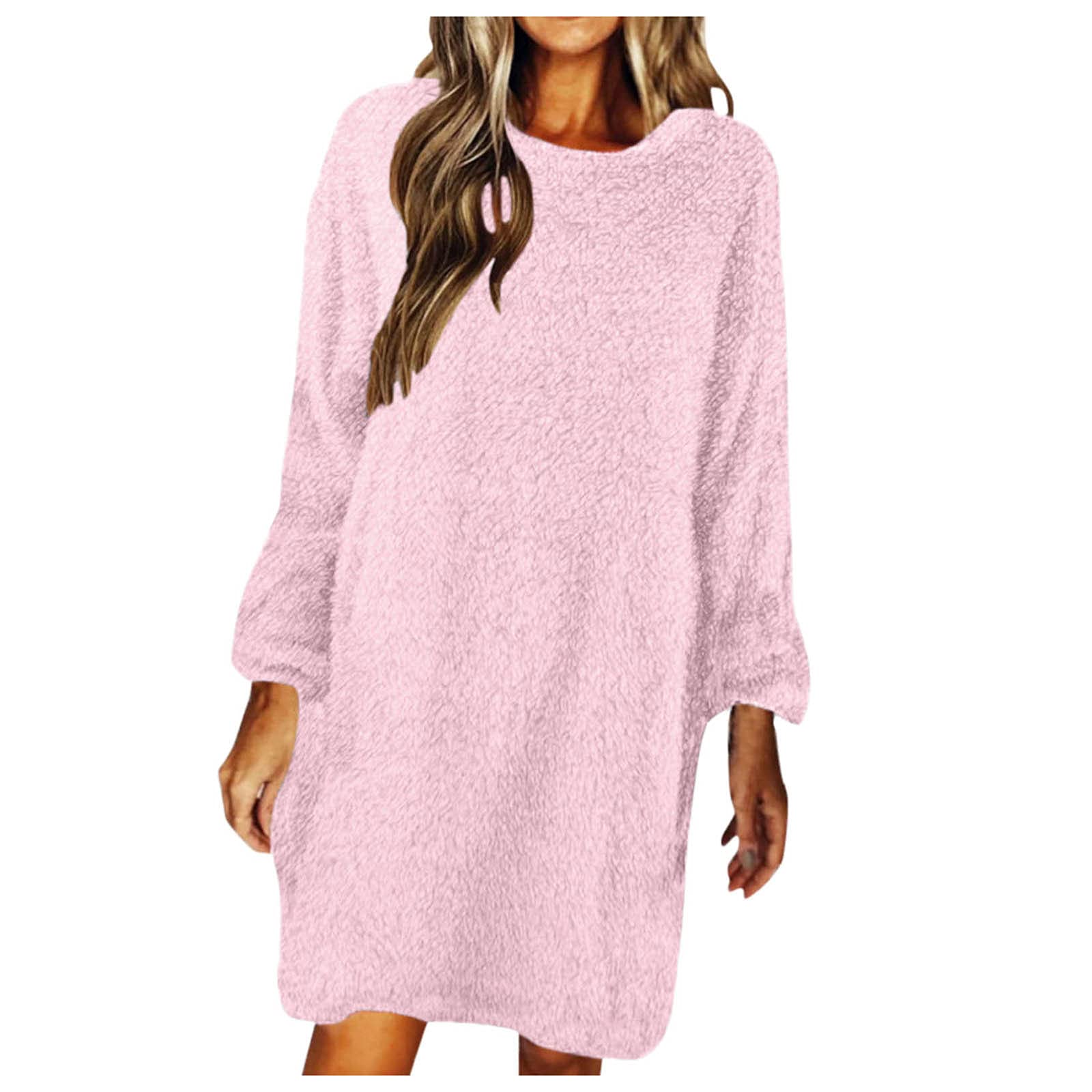 Women's Winter Plush Sweater Dress - Round Neck Long Sleeve Loose Fit Solid Color Formal Dress for Women | Perfect for Office, Holiday Parties & Casual Outings