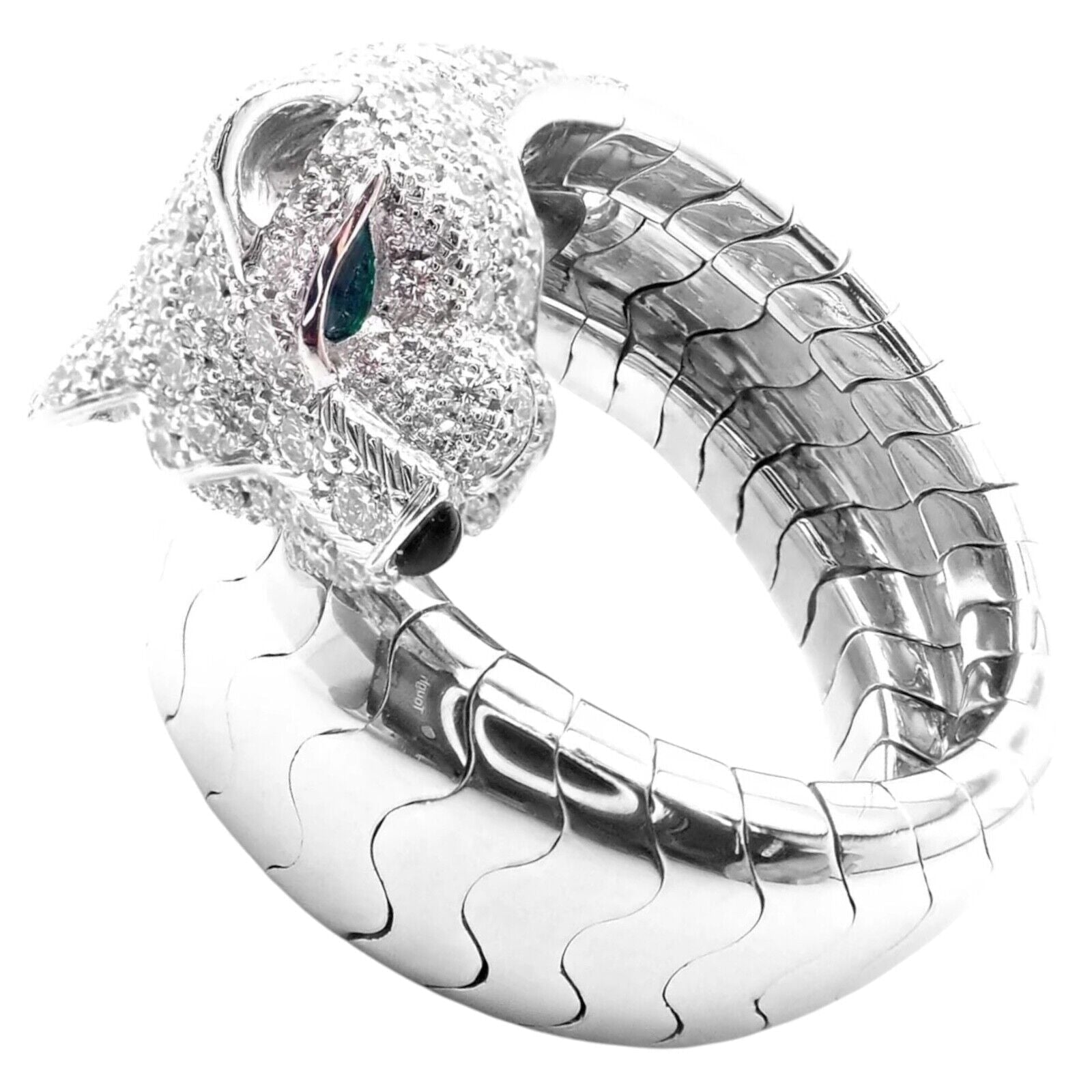 Authentic Cartier Panther 18K White Gold Diamond & Emerald Onyx Ring with Certificate - Luxury Jewelry for Women, Perfect for Weddings, Anniversaries & Special Occasions