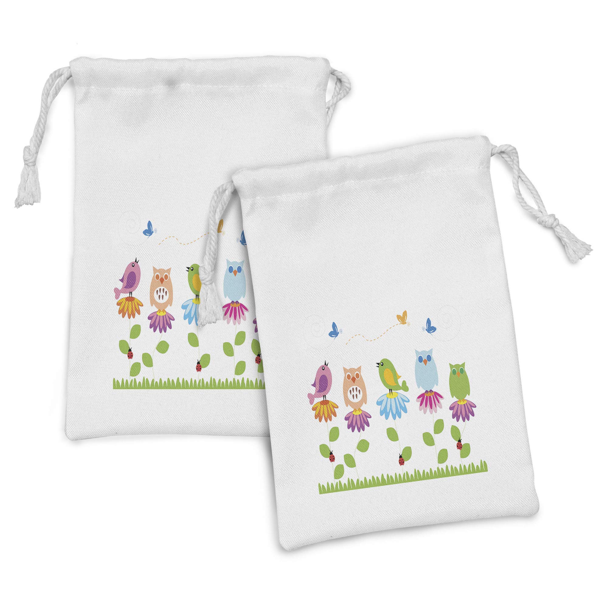 Ambesonne 2-Pack Floral Fabric Pouches - Colorful Cartoon Birds, Chamomile Daisies, Butterflies & Ladybugs - Small Drawstring Bags (9