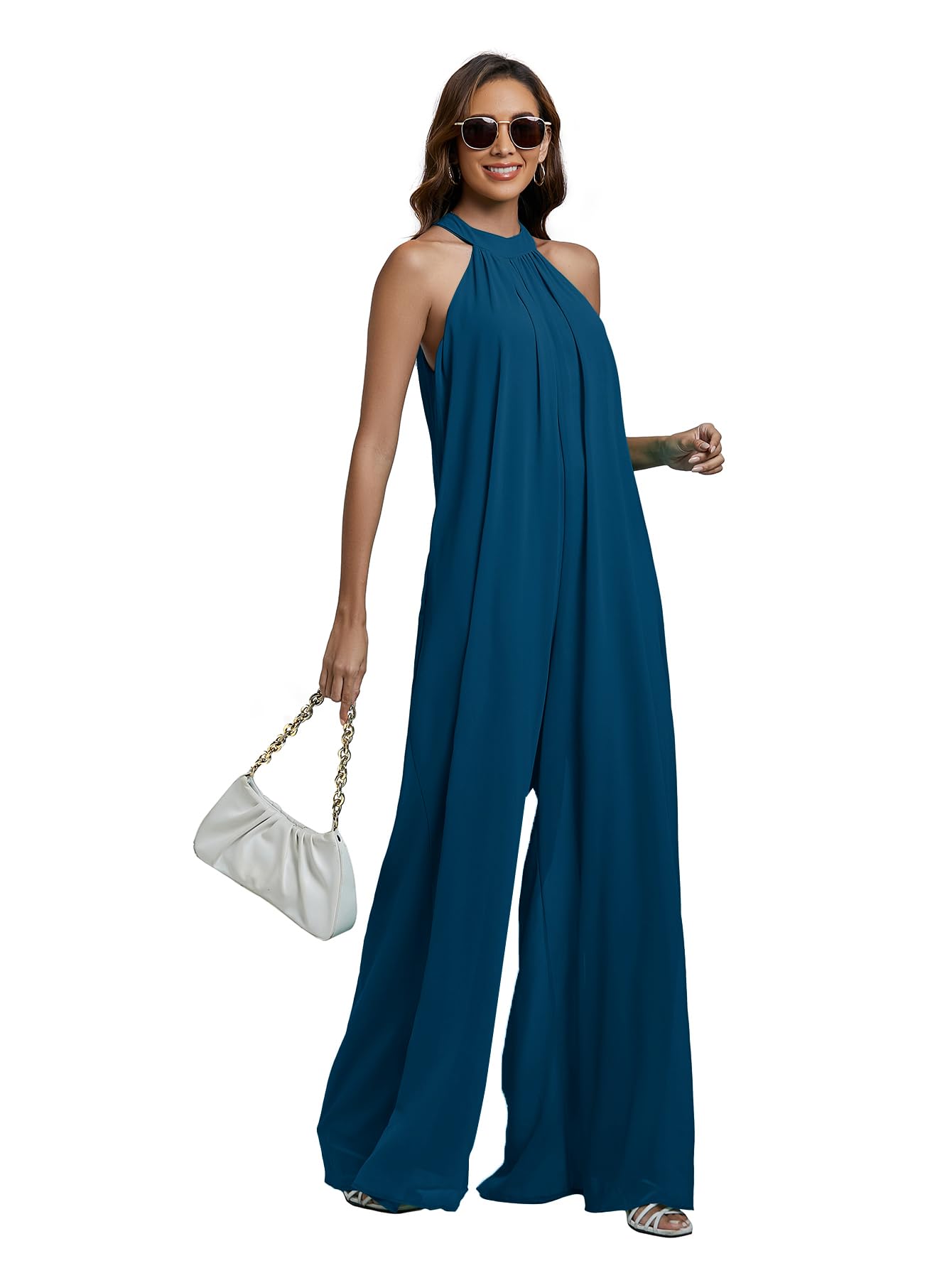 LYANER Women's Halter Neck Sleeveless Chiffon Wide Leg Jumpsuit Romper - Elegant Summer Outfit for Beach Vacation, Party & Casual Wear