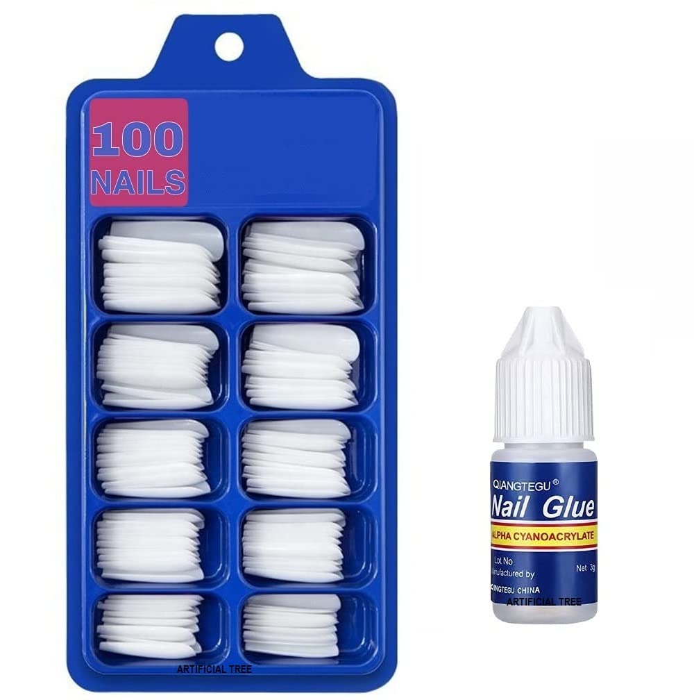 EverGlowy Reusable Acrylic Artificial Nails Set with Strong Nail Glue - 100 Pieces White Fake Nails for Manicure, Salon, Party & Special Occasions