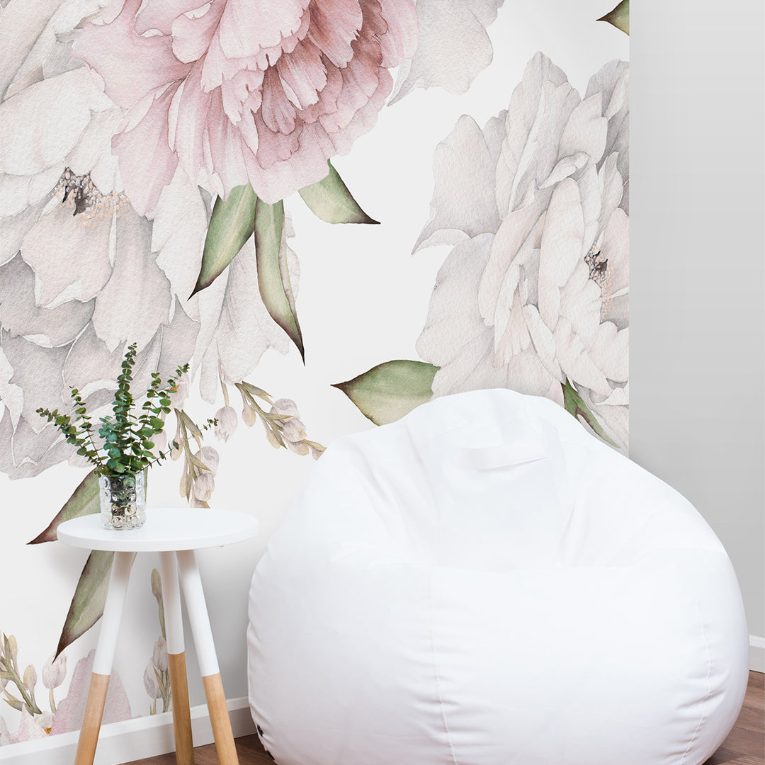 Pastel Pink & White Peony Wall Mural Peel and Stick - CCM109 Floral Wallpaper for Bedroom, Living Room, Nursery Decor