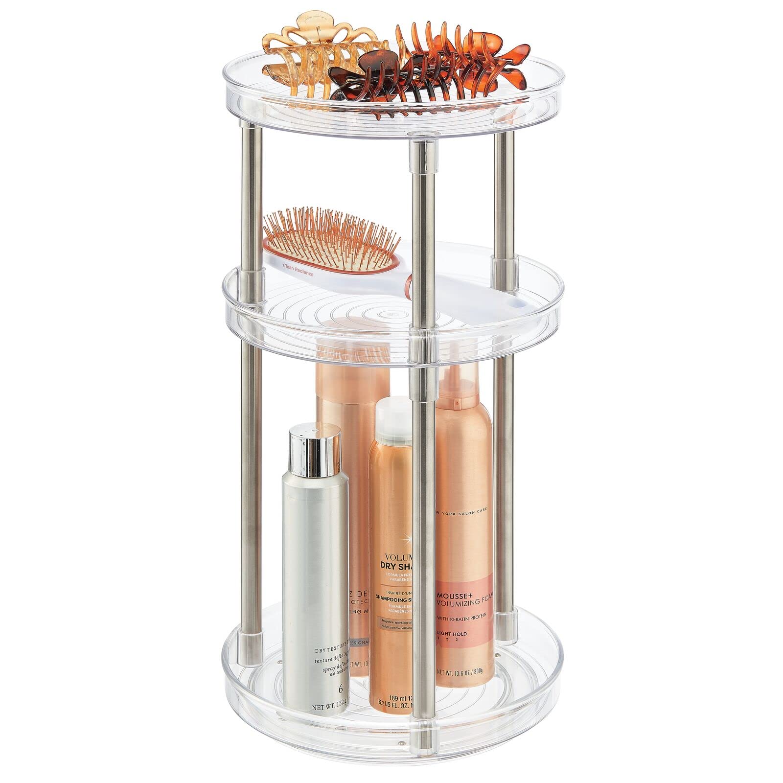 mDesign 3-Tier Spinning Lazy Susan Makeup Organizer - 360° Rotating Cosmetic Storage Tower for Bathroom Vanity, Countertop & Dressing Table | Clear Acrylic Beauty Organizer | Perfect for Makeup Brushes, Nail Polish & Skincare Products
