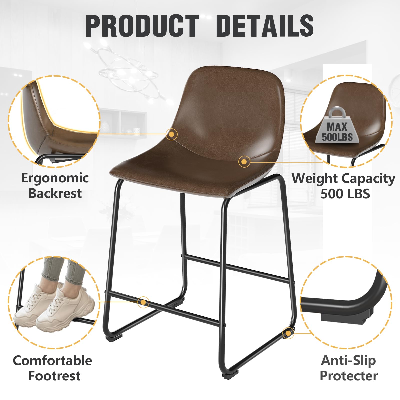 TAVR 24 Inch Counter Height Bar Stools Set of 2 - 500 lbs Weight Capacity, Armless Metal Leg Bar Chairs with Soft Backrest for Kitchen Island, Coffee Shop, Restaurant & Home Bar - Brown Modern Stools for Dining & Entertaining