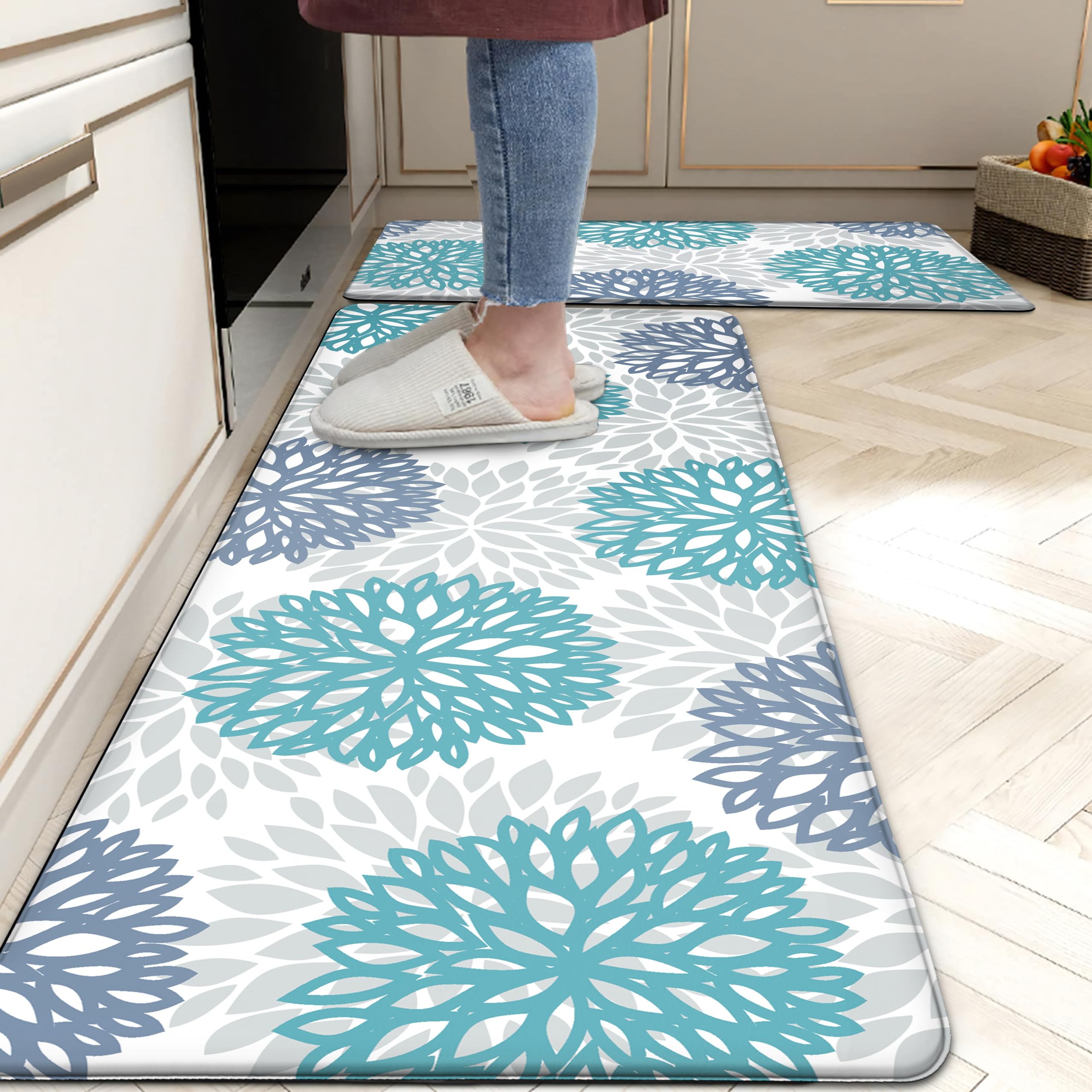 Premium Teal Kitchen Mats Set of 2 - Cushioned Anti-Fatigue Memory Foam Floor Mats, Non-Slip Waterproof Kitchen Rugs for Comfortable Standing - Perfect for Sink Area, Office, Laundry Room & High-Traffic Areas