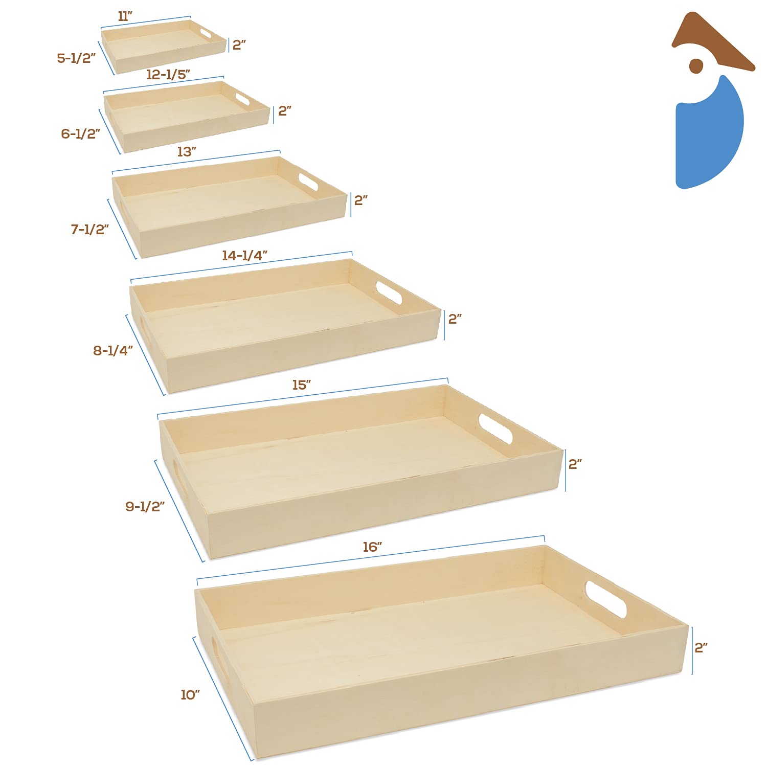 Unfinished Wood Nesting Trays with Handles - Set of 6 for DIY Crafts, Resin Art, Home Organization & Montessori Activities | Perfect for Craft Rooms, Kids Play Areas & Home Decor Projects by Woodpeckers