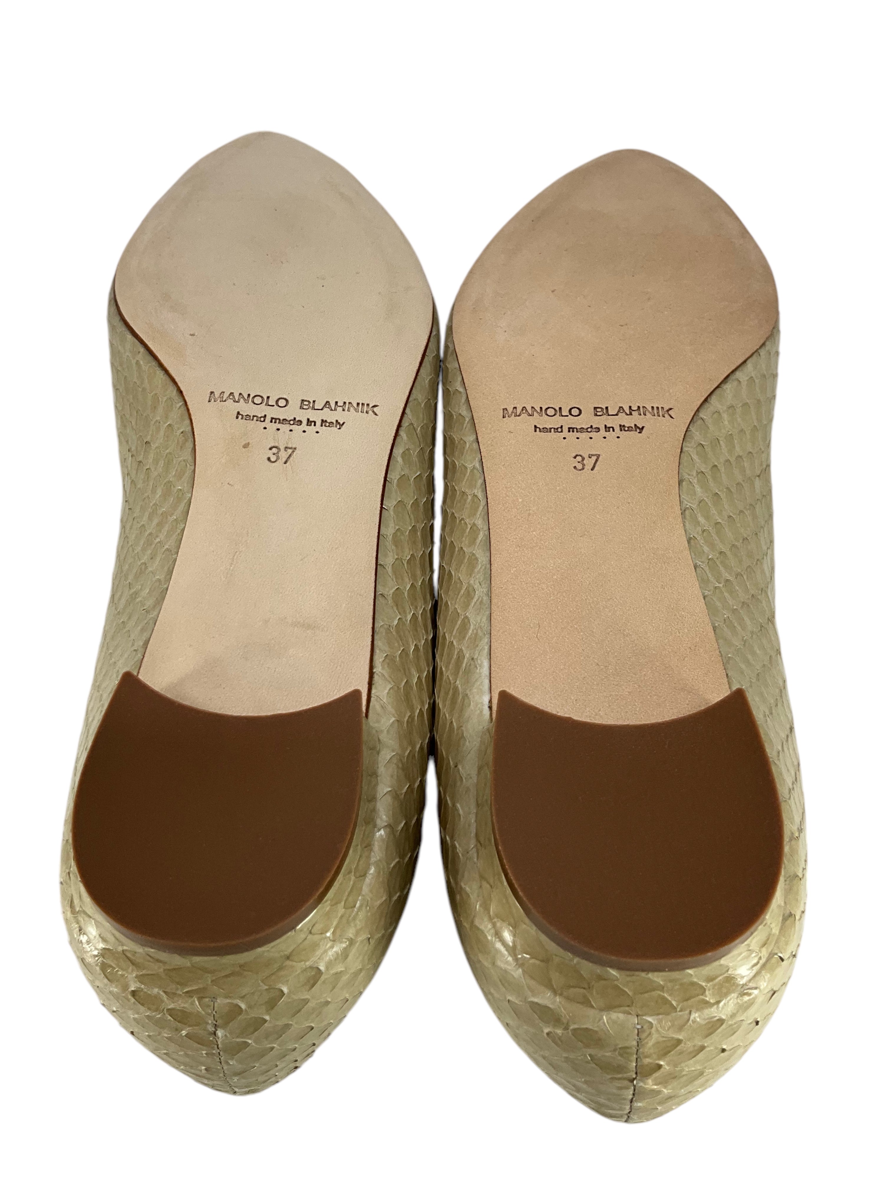 Manolo Blahnik BB Ballerina Flats - Women's Size 7 Genuine Snakeskin Leather Pointed Toe Ballet Shoes for Work, Party & Special Occasions