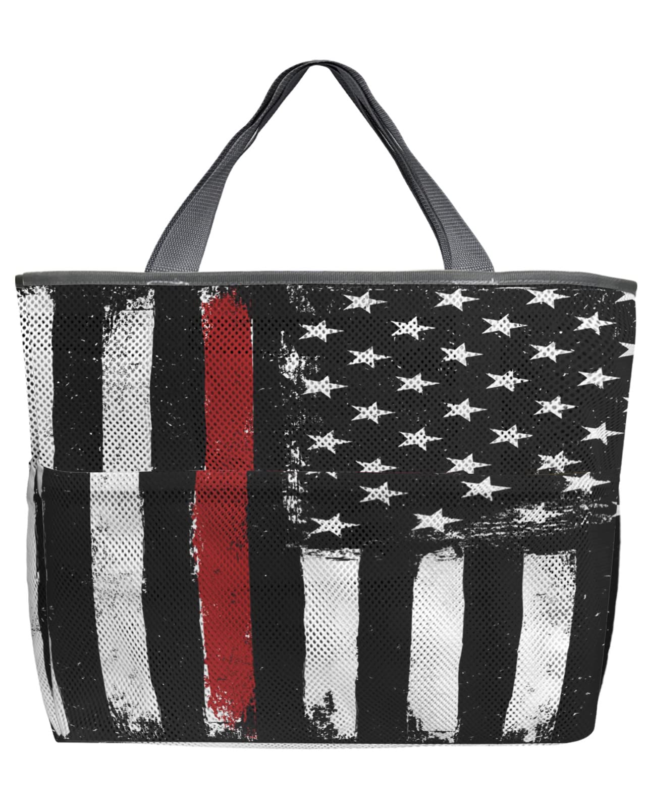 Waterproof & Sandproof Extra Large Mesh Beach Tote Bag with Zipper Pockets - Black White Blue American Flag Design for Women, Men & Kids - Perfect for Travel, Pool, Gym, Grocery Shopping & Outdoor Activities