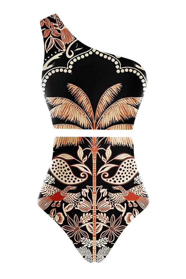 Tropical Palm Tree Bird Print High Waist Bikini Set with Skirt - Sexy Swimwear for Beach Vacation, Pool Party & Summer Getaway
