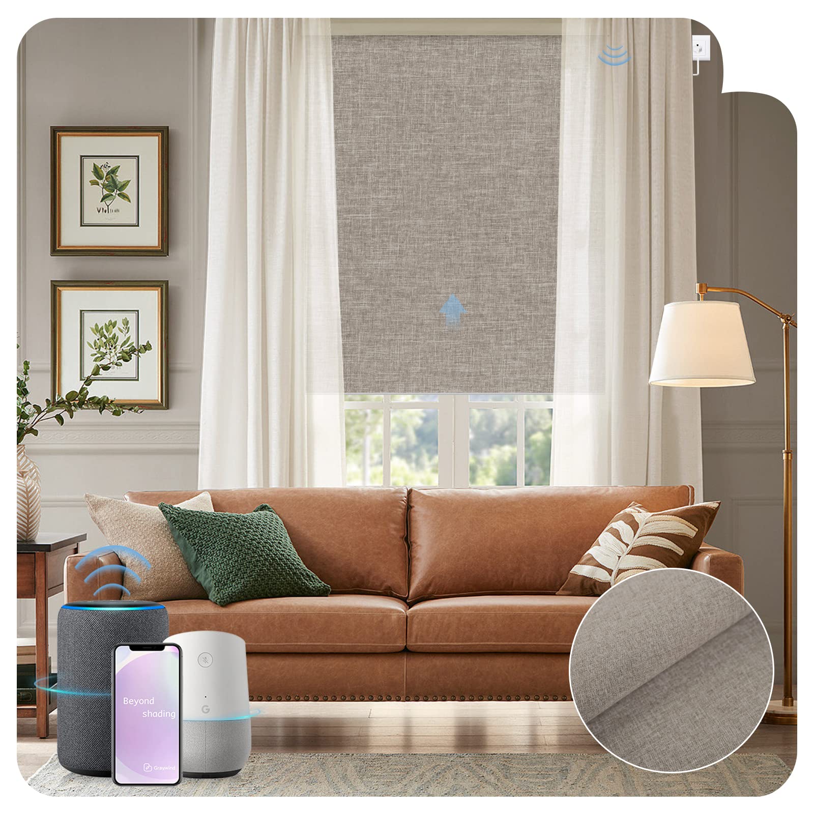 Graywind Smart Blackout Roller Shades - Alexa & Google Home Compatible Motorized Window Blinds with WiFi & Remote Control, Triple Weaved Fabric for Complete Darkness, Custom Size (Quartz Brown) - Perfect for Bedrooms, Home Theaters & Light-Sensitive Spaces