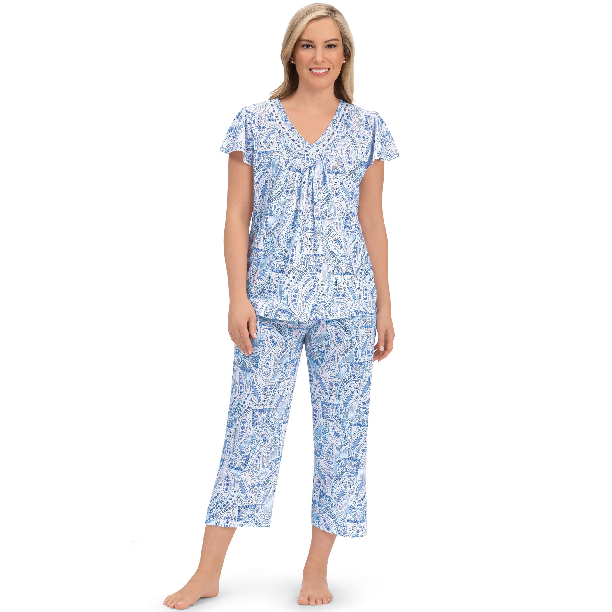 Pretty Paisley Print Crochet Lace Capri Pajama Set for Women - Soft Sleepwear & Lounge Outfit - Perfect for Bedtime, Relaxing at Home or Vacation