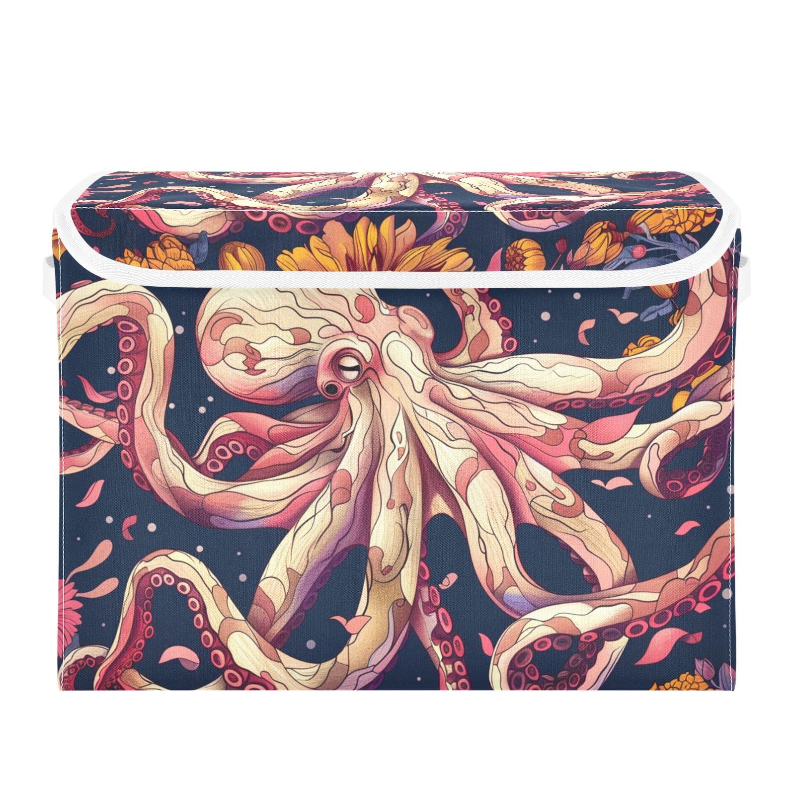 Collapsible Storage Bins with Lids - Octopus Pattern Foldable Organizer Baskets for Clothes, Toys & Home Organization | Perfect for Bedroom, Nursery & Laundry Room Storage