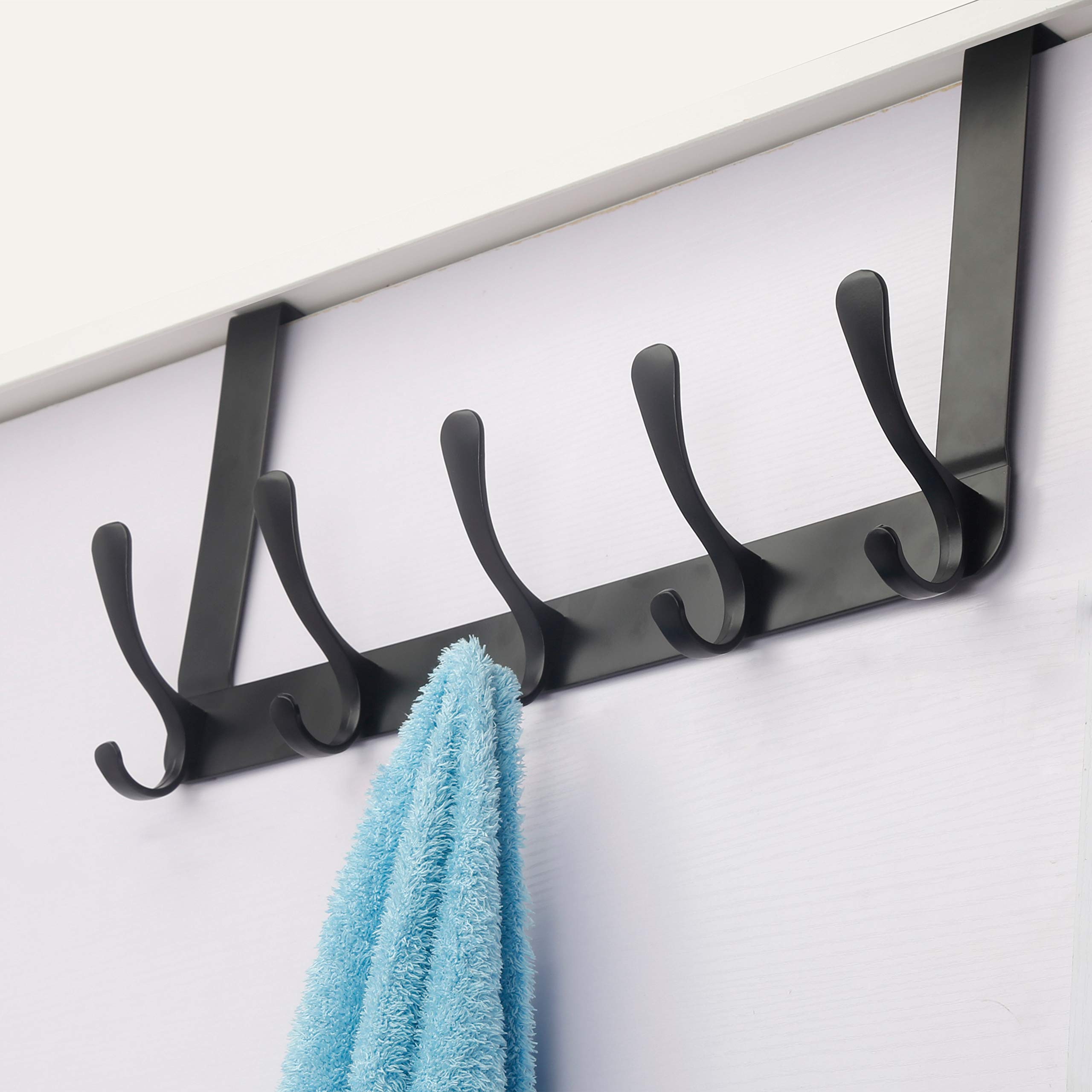 SKOLOO Over The Door Hooks (2-Pack) - Black Hanging Hooks for Clothes & Towels - Easy Install for Bathroom & Bedroom