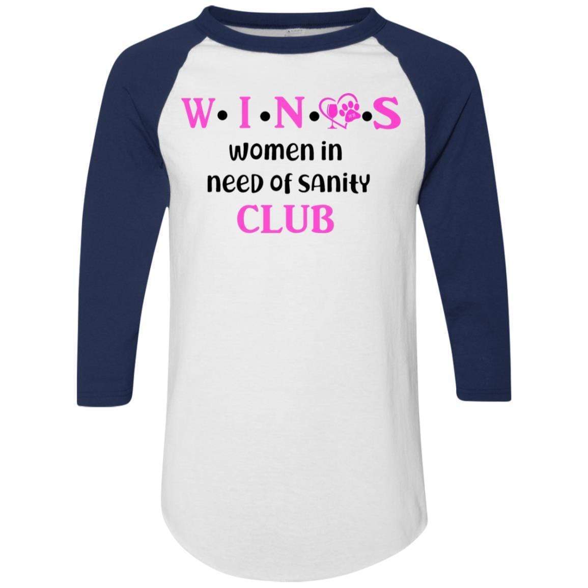 WineyBitches.Co WINOS Club Colorblock Raglan Jersey - Pink Lettering Women's Baseball Tee | Soft Cotton Blend Long Sleeve Shirt for Wine Lovers | Perfect for Wine Tasting Parties & Girls Night Out