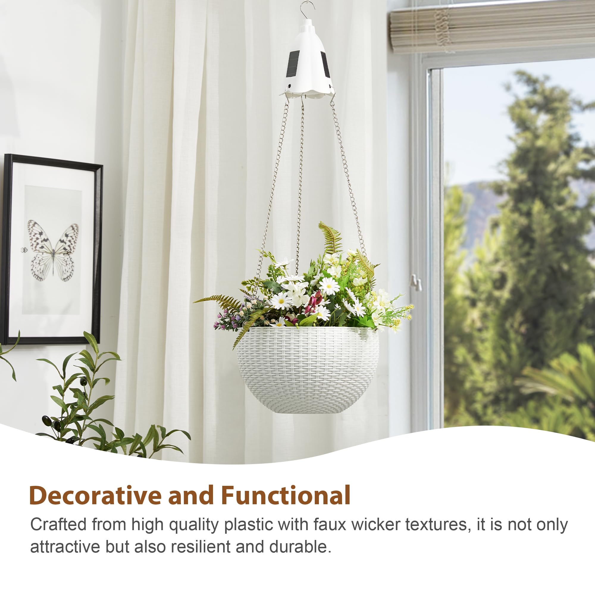 Glitzhome 30 Inch White Plastic Hanging Planter with Solar Lights - Outdoor Indoor Plant Hanger with Chain for Patio, Garden, Balcony & Home Decor