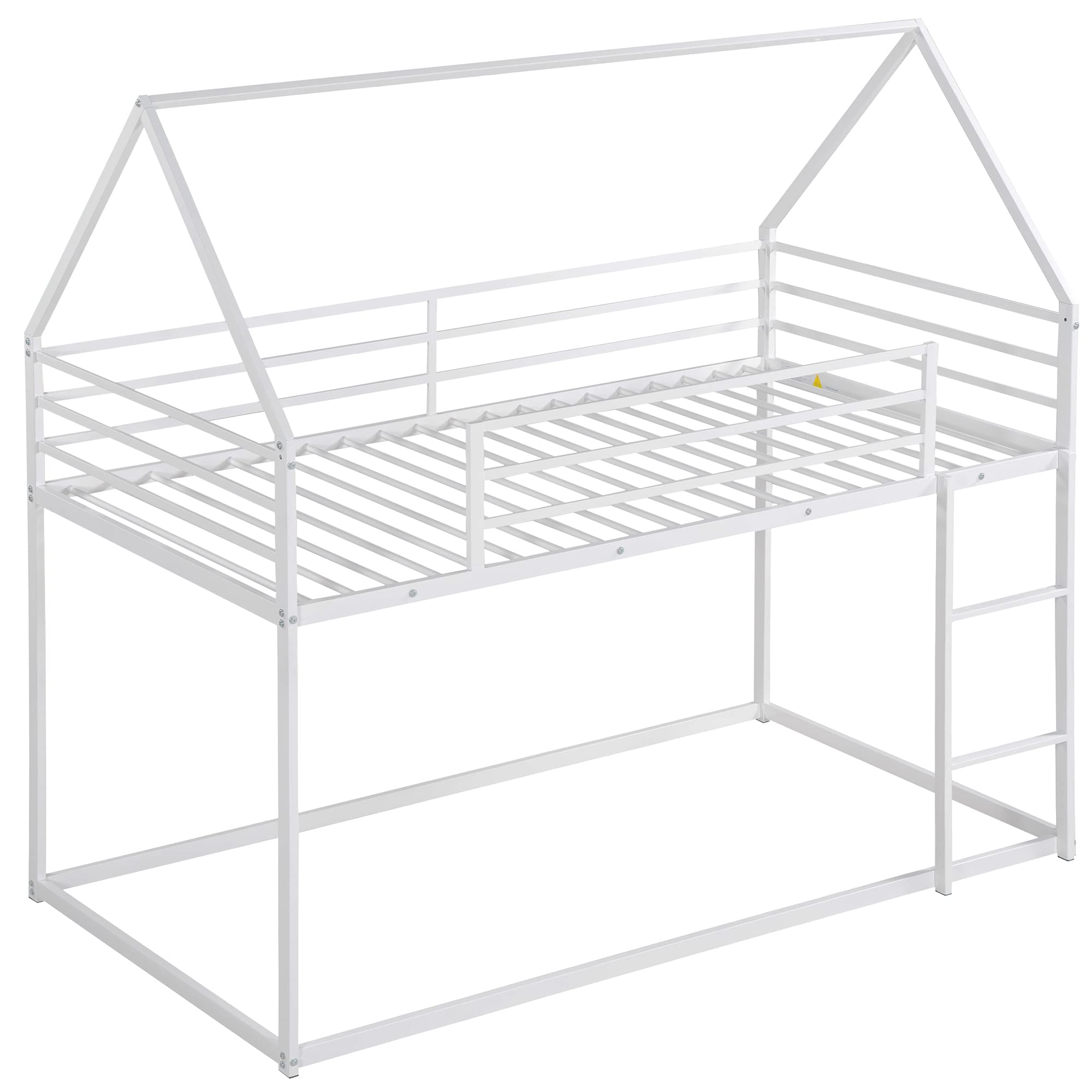 Twin Over Twin Metal Bunk Bed with Built-in Ladder - Sturdy Kids & Toddler Bunk Bed Frame - White House Style with Mosquito Net Option - Perfect for Small Bedrooms, Shared Kids Rooms & Vacation Homes
