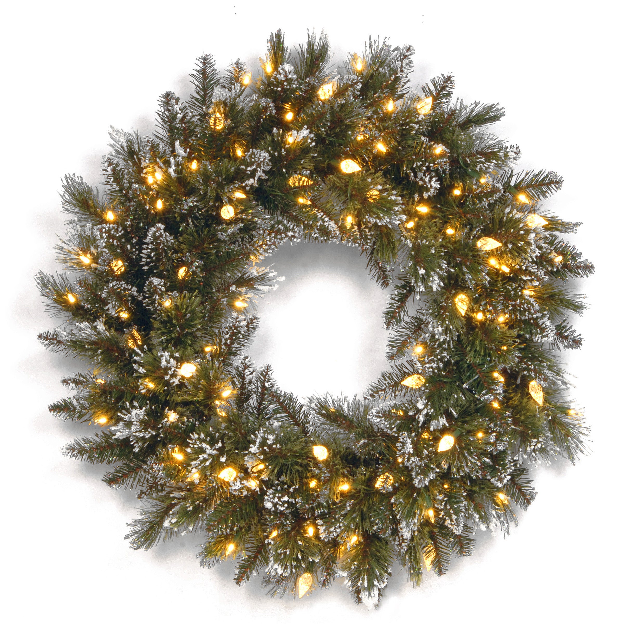 24 Inch Pre-Lit Glittery Bristle Pine Christmas Wreath with Warm White LED Lights - Perfect for Holiday Door Decor, Fireplace Mantel & Festive Home Decorations