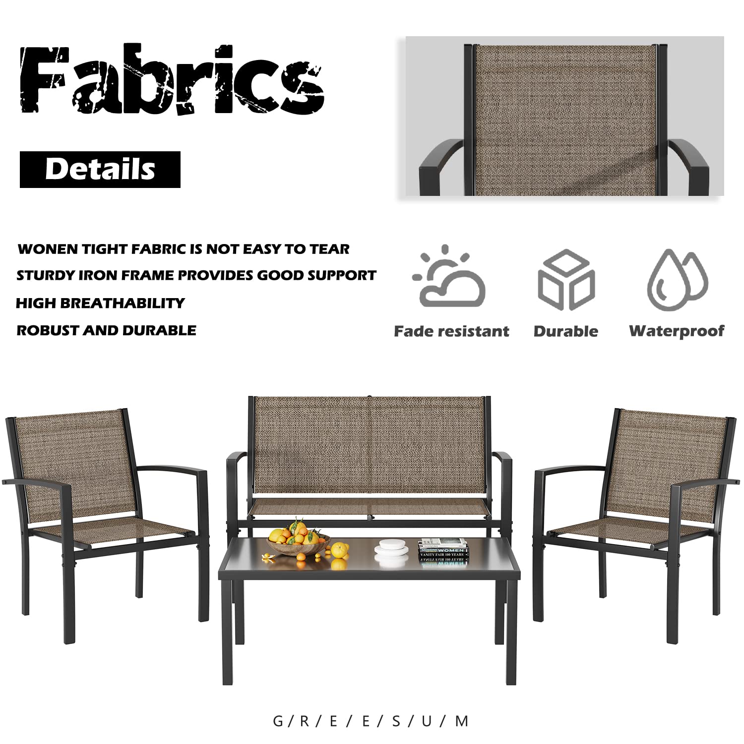 Greesum 4-Piece Outdoor Patio Furniture Set with Glass Coffee Table - Brown Wicker Conversation Set for Garden, Lawn, Poolside & Backyard - Perfect for Relaxing, Entertaining and Outdoor Dining