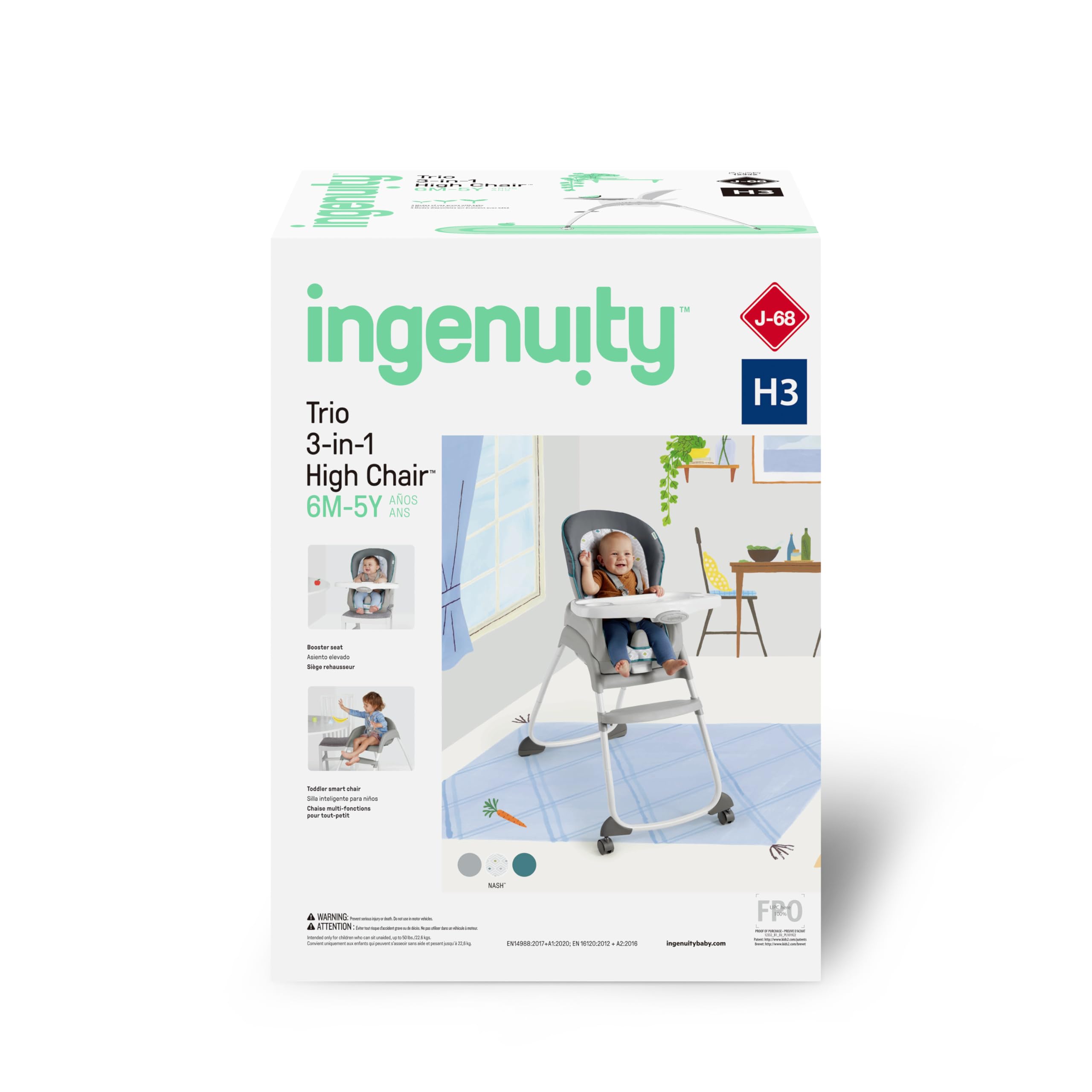 Ingenuity Trio 3-in-1 Convertible High Chair, Toddler Booster Seat & Kids Dining Chair - Adjustable Height for Babies 6 Months to 5 Years - Neutral Gray (Nash) - Perfect for Family Meals, Restaurant Visits & Small Spaces
