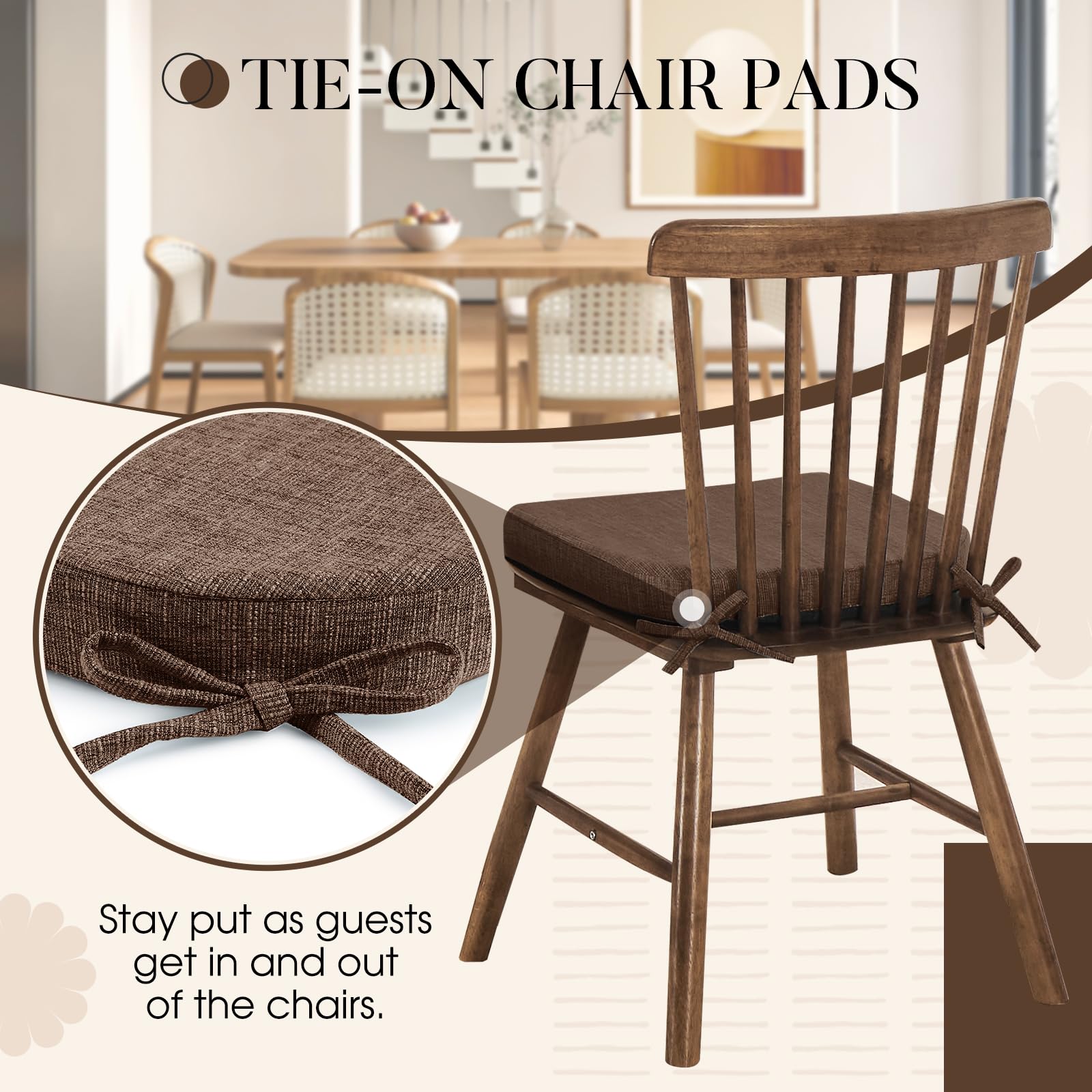 Premium 6-Pack Non-Slip Dining Chair Cushions with Ties - 16x16 Inch Kitchen Chair Pads for Comfort & Style (Brown) - Perfect for Home Dining Rooms, Restaurants, and Office Seating